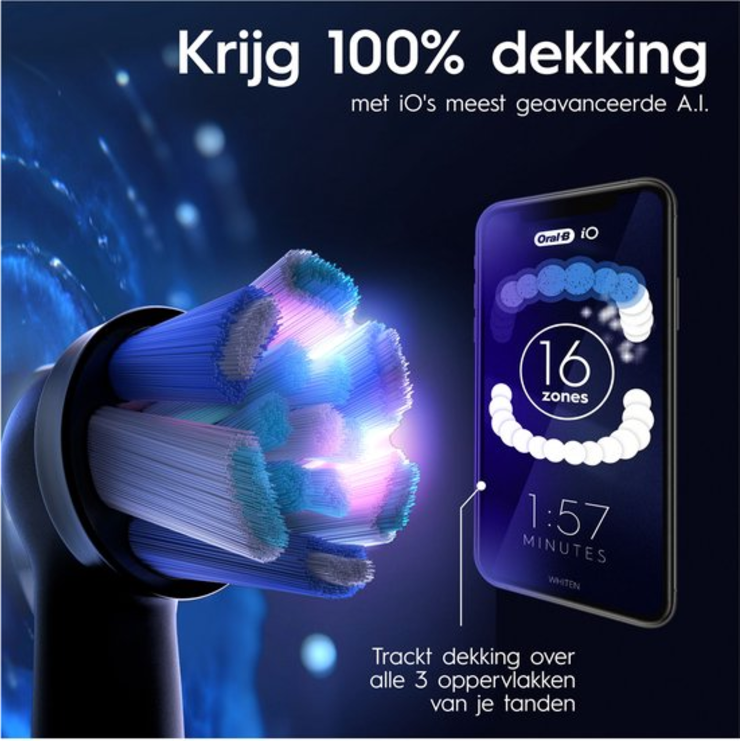 Une tête de brosse à dents Oral-B avec des poils bleus et un smartphone affichant les zones de brossage et le temps.