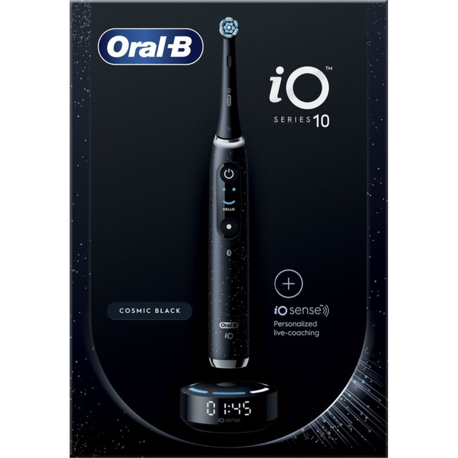 Une brosse à dents électrique Oral-B iO Series 10 Cosmic Black. Comprend une base de chargement et un coaching en direct personnalisé.