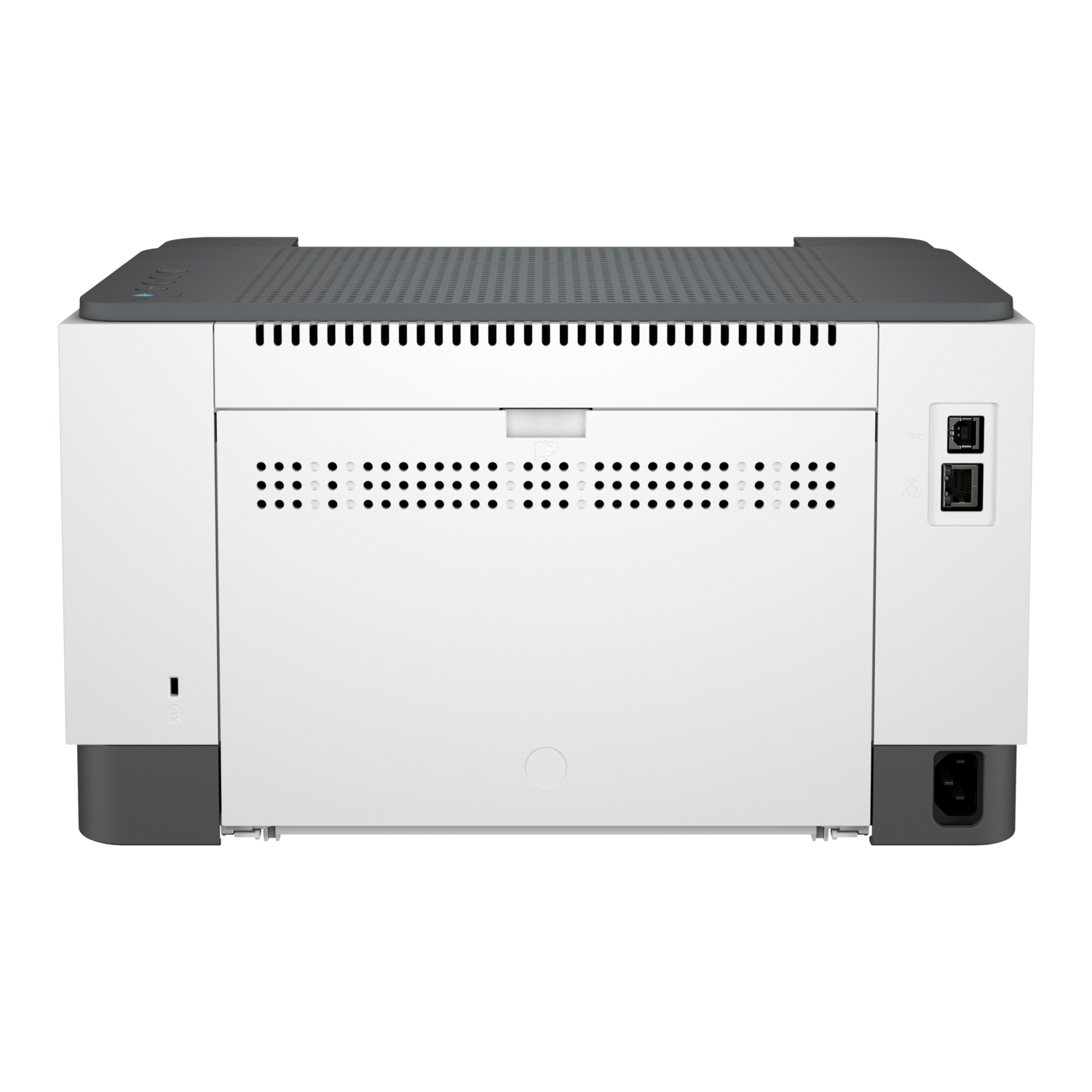 Rear view of a white and gray printer. It has a perforated top, various ports and a power cord input. The background is white.