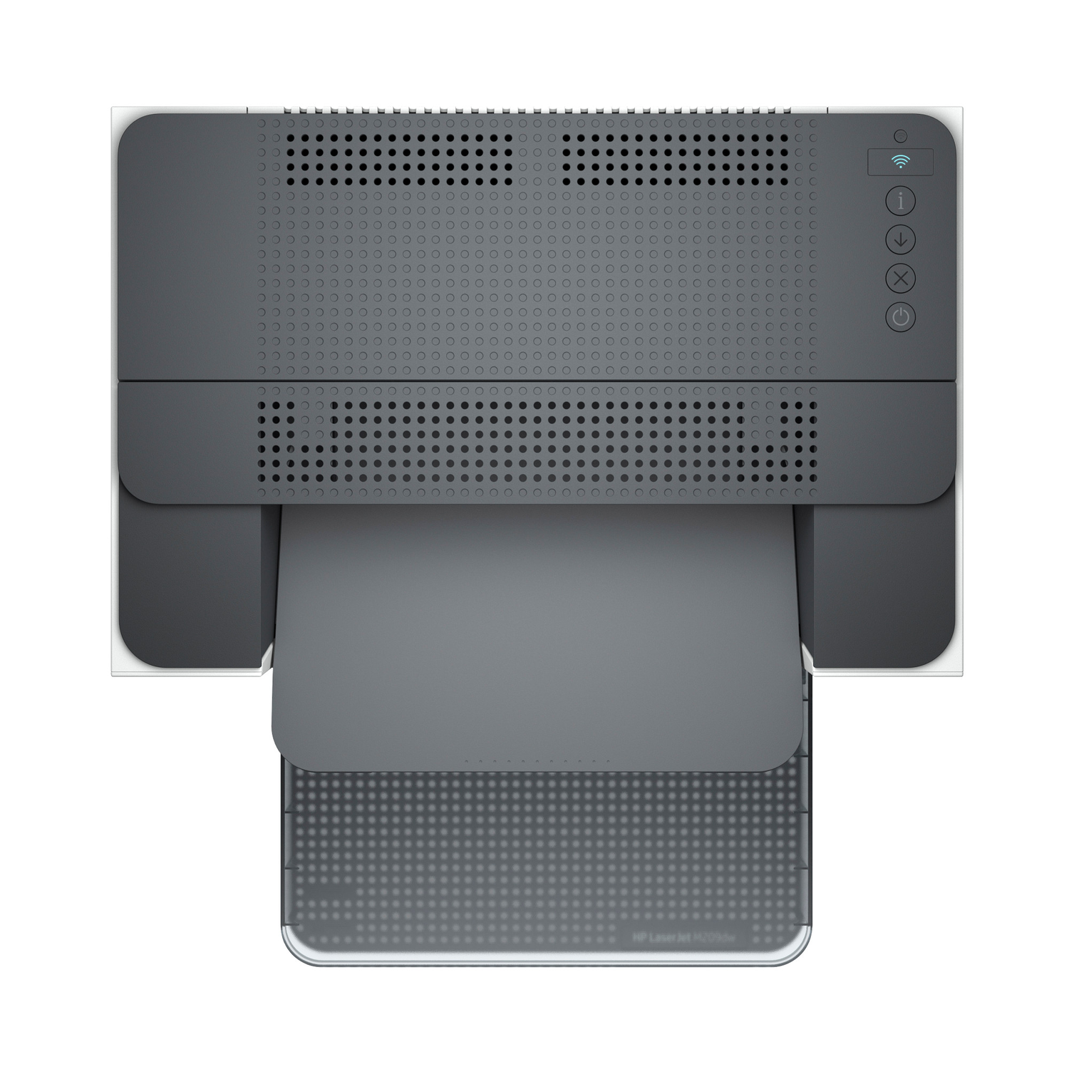 Top view of a grey and white printer. Includes power, wifi, and information buttons. Paper tray is extended.