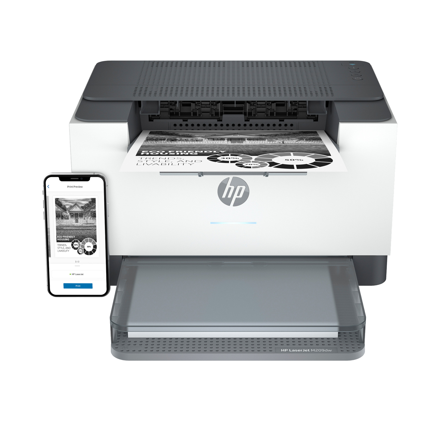 An HP LaserJet printer with a printed paper showing graphs and a smartphone displaying a print preview of a house.