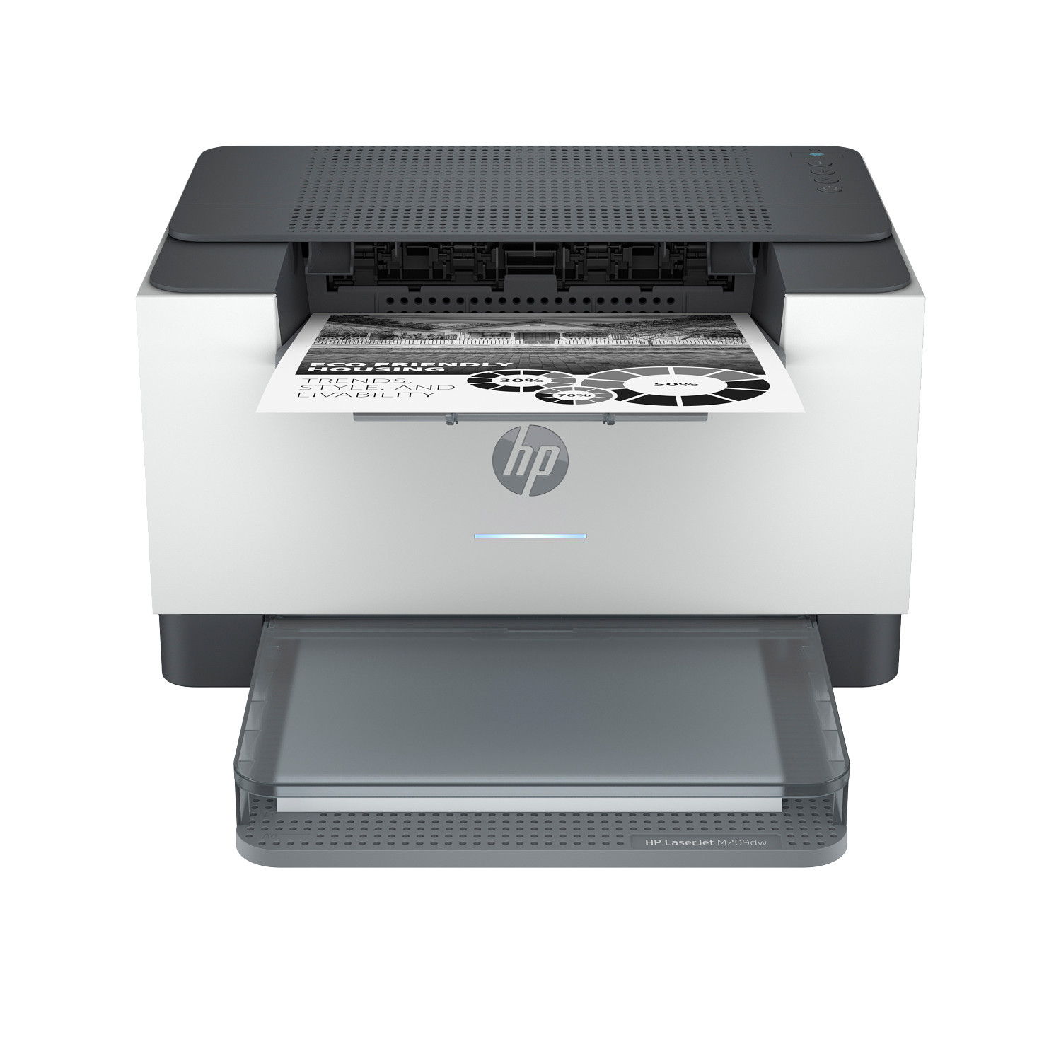 A white and gray HP LaserJet printer is shown. A printed document is emerging. The paper tray is open.