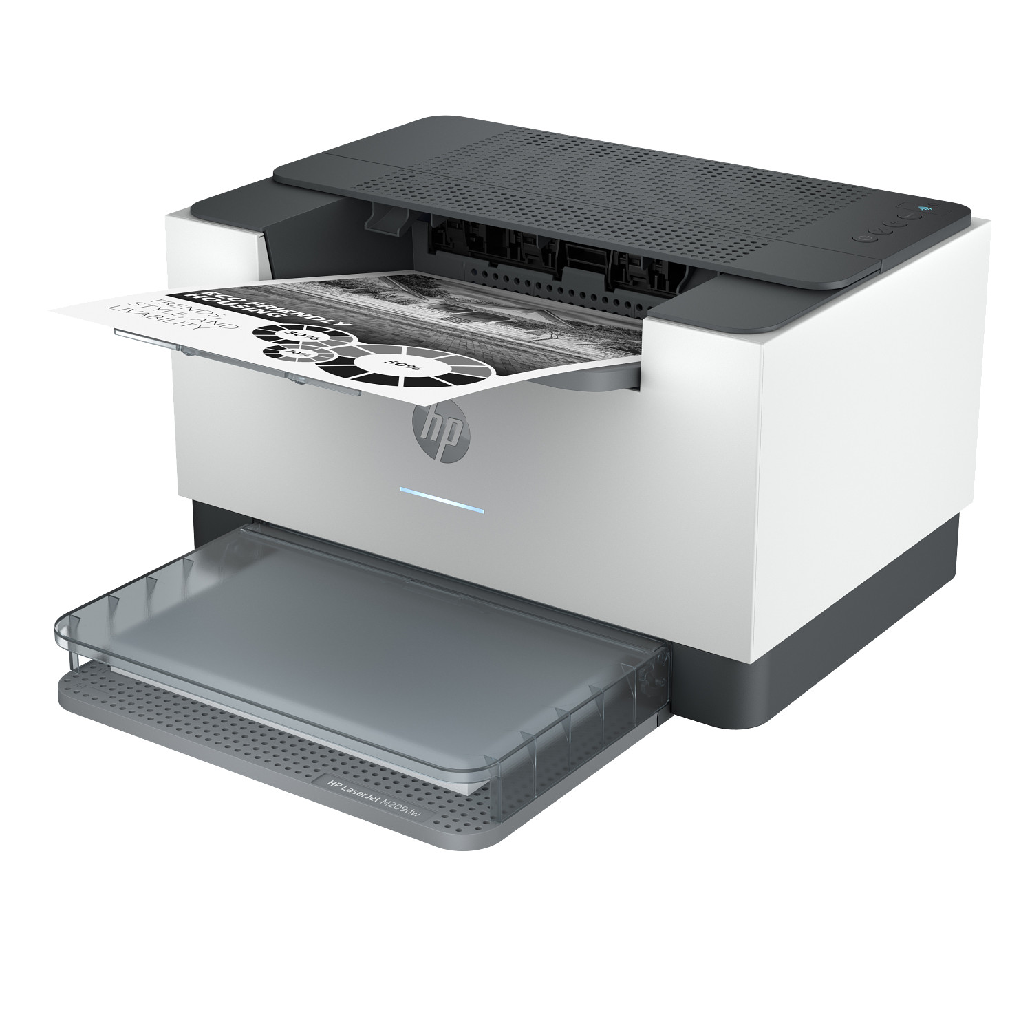 A white and gray HP LaserJet printer is printing a document. The paper tray is open. The paper shows a black and white chart.
