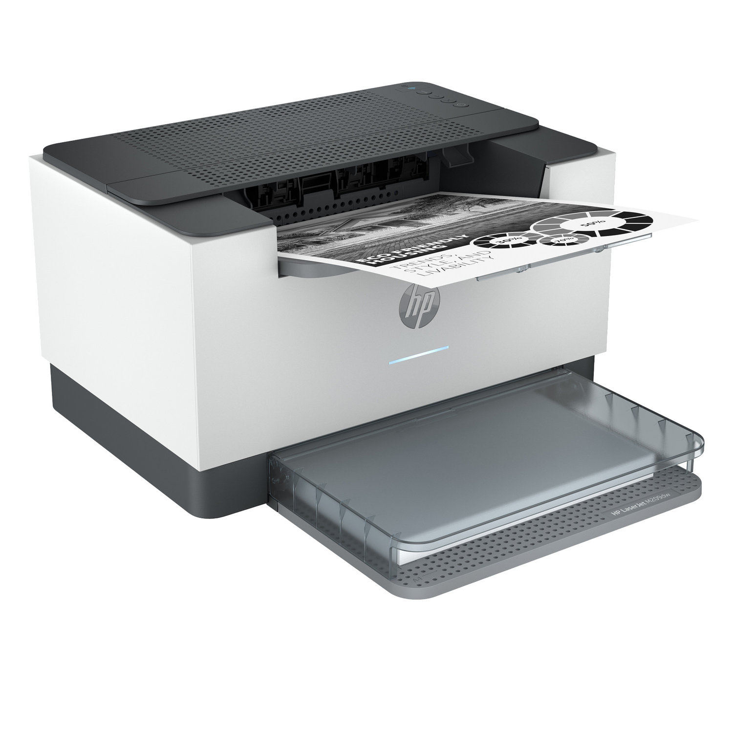 An HP LaserJet printer printing a document with a graph. The printer is white and gray, with a transparent paper tray.
