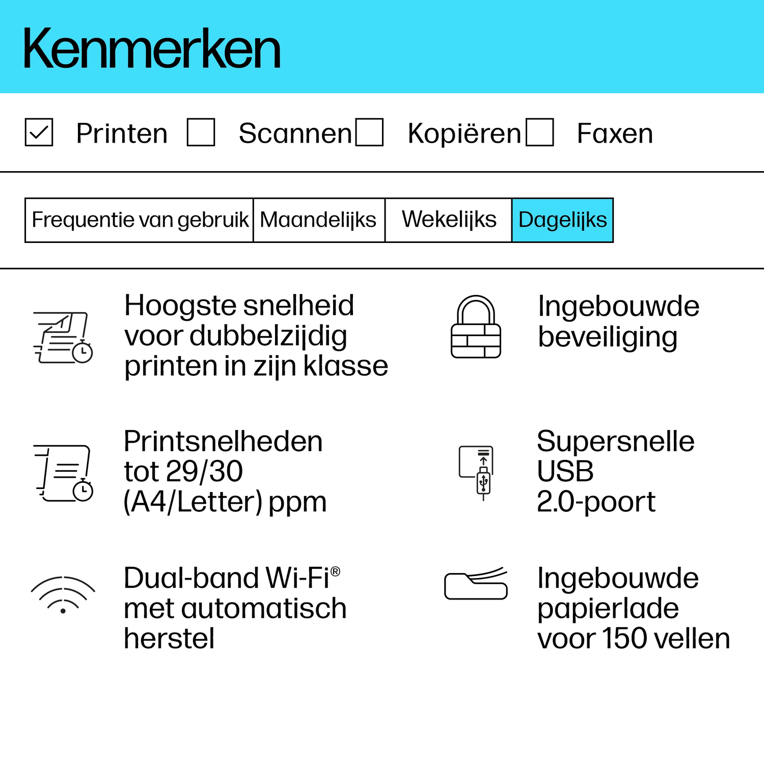 A document with checkboxes and text in Dutch. Includes options for printing, scanning, copying, and faxing. Features include speed and security.