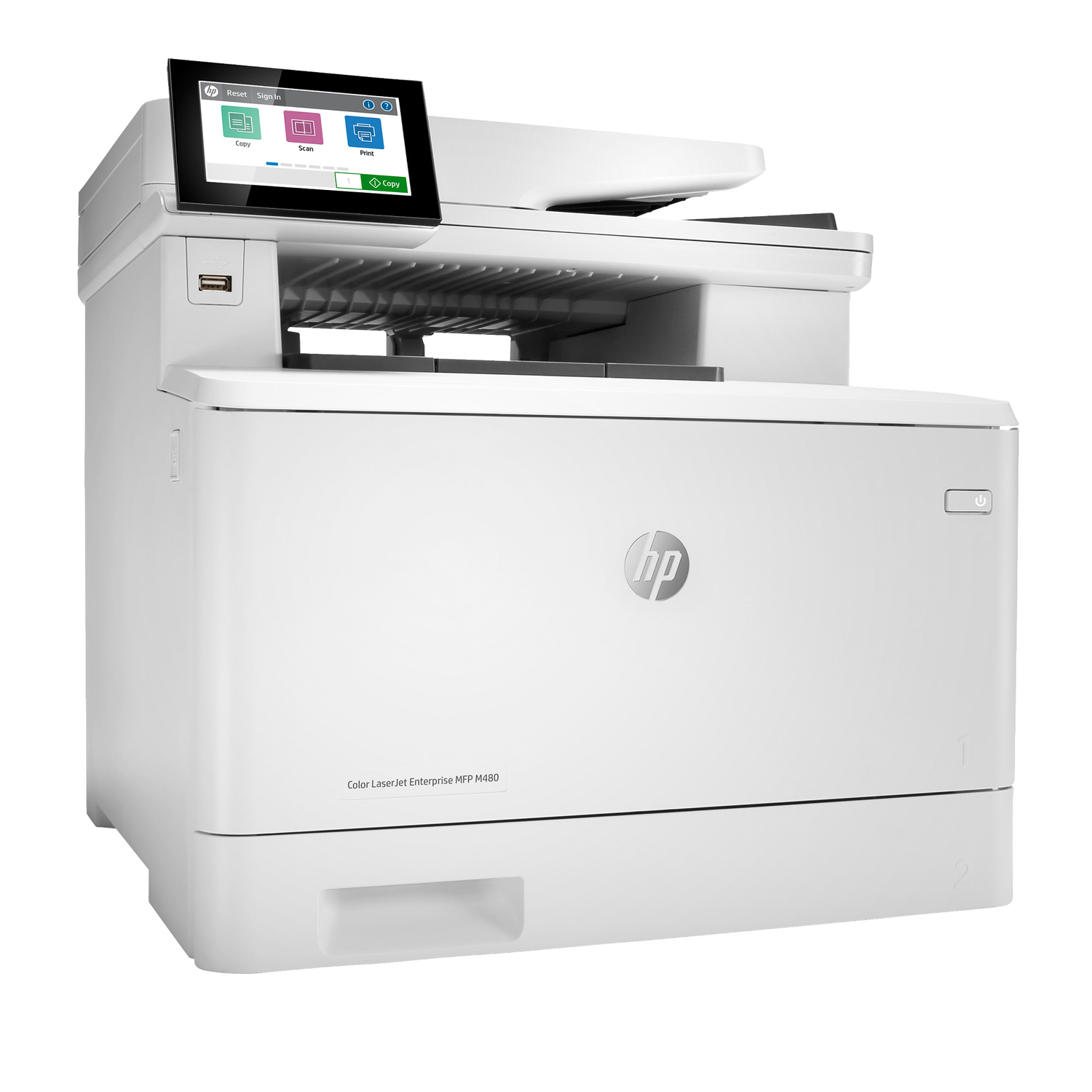 White HP Color LaserJet printer. Features touchscreen, buttons, and a power button. The HP logo is in the middle. Model M480.
