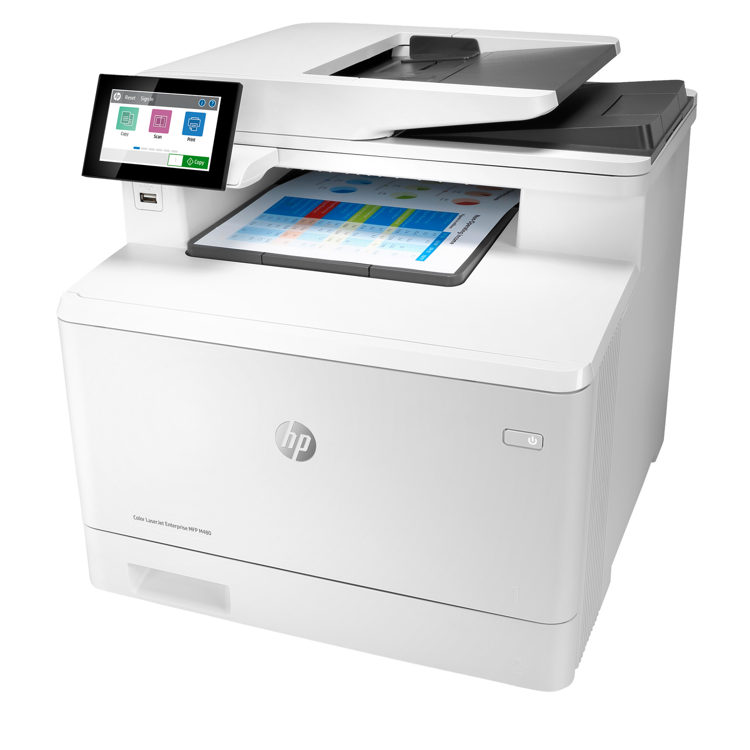 A white HP Color LaserJet printer with a touch screen, a document with charts, and the HP logo.
