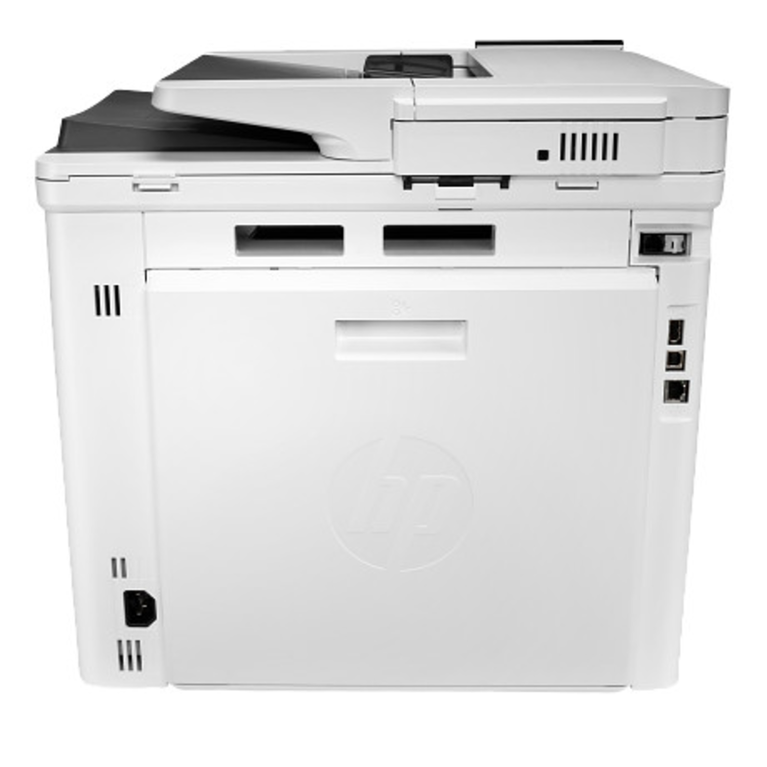 A white HP printer is shown. It has a scanner, paper tray, and power port. The HP logo is on the front.