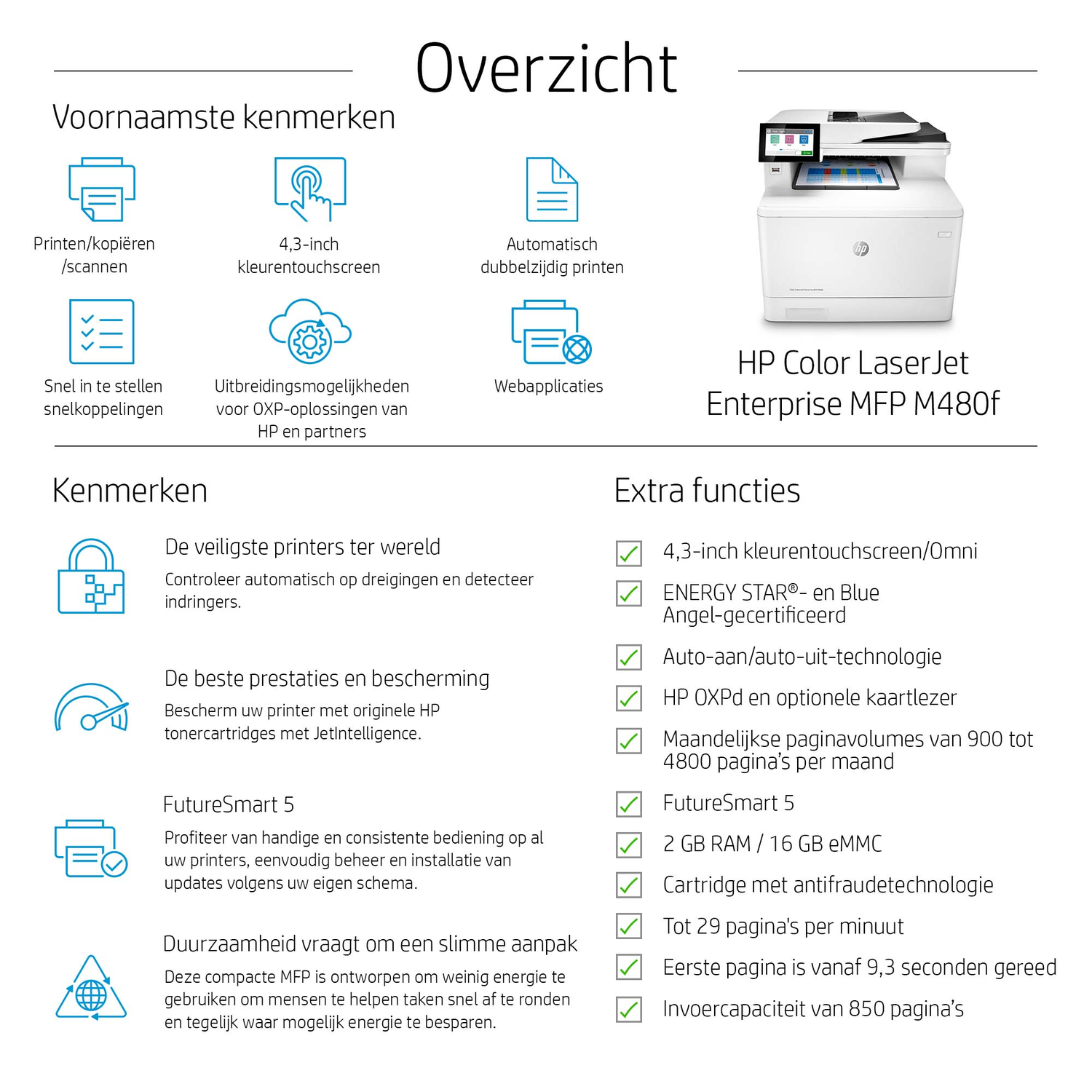 An HP Color LaserJet Enterprise MFP M480f printer. Features include a touchscreen, automatic duplex printing, and web applications.