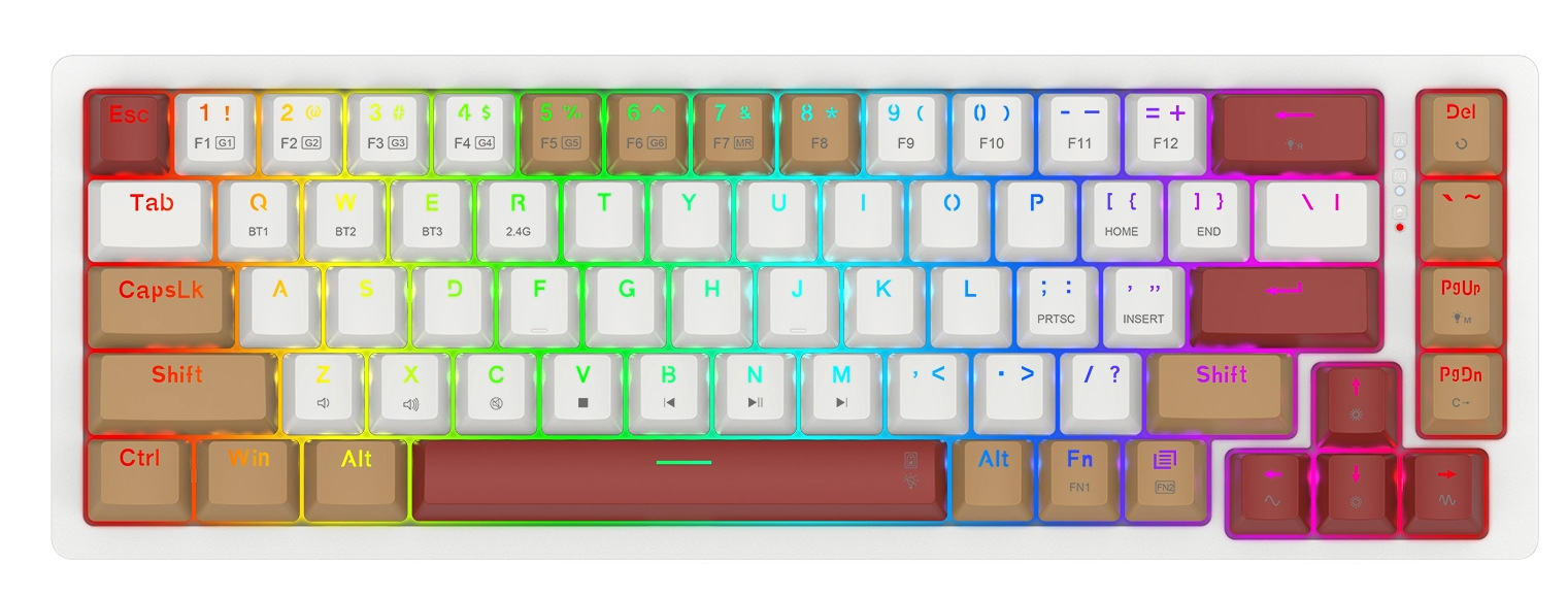 Klawiatura mechaniczna z białymi klawiszami, brązowymi i bordowymi akcentami oraz kolorowym podświetleniem.