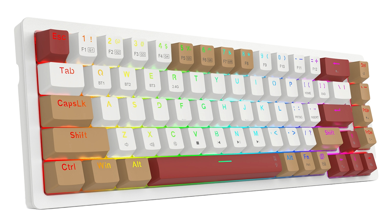 Biała klawiatura mechaniczna z kolorowymi klawiszami. Niektóre klawisze są brązowe i czerwone. Światła są widoczne pod klawiszami.