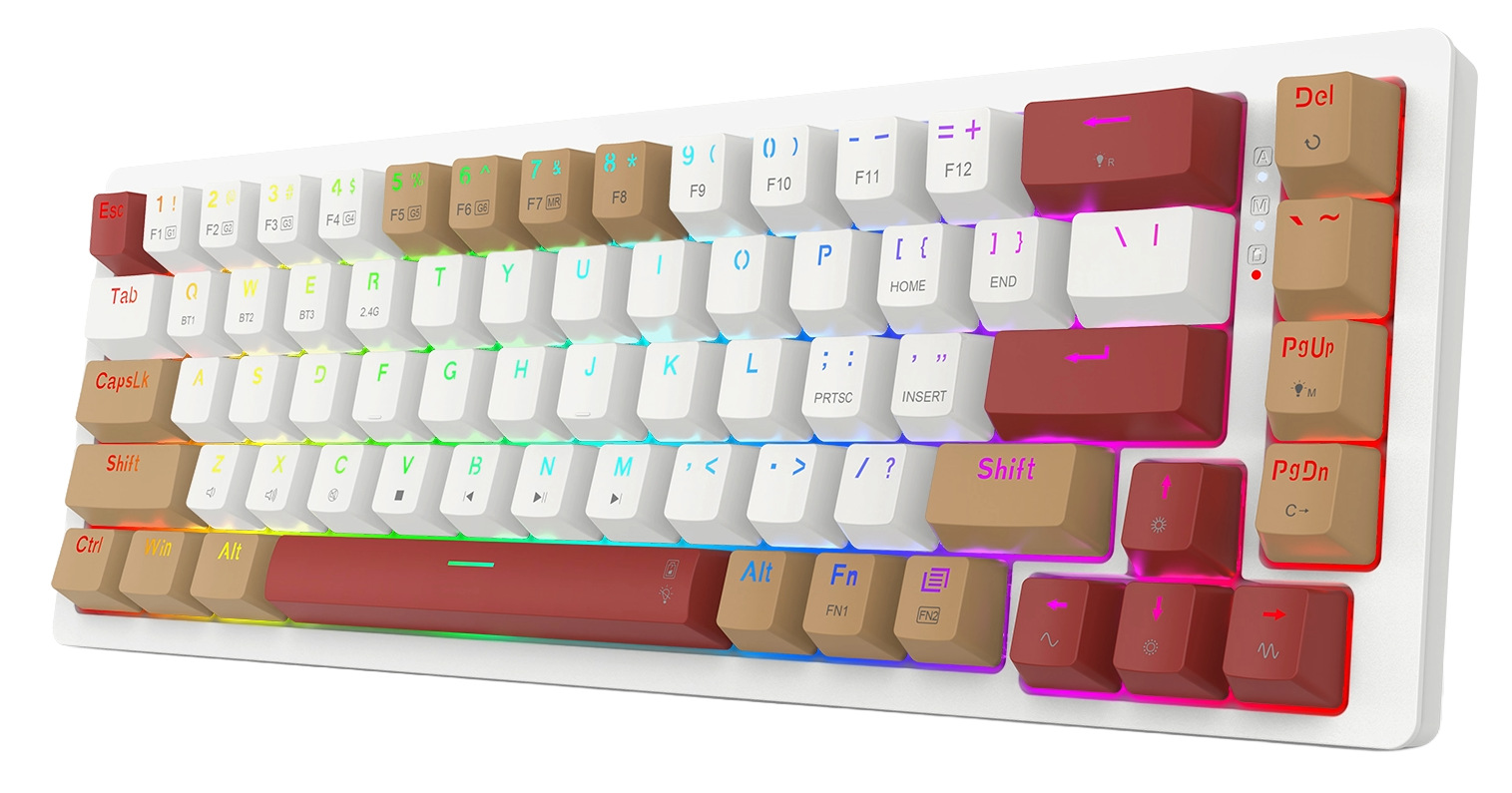 Klawiatura mechaniczna z białymi klawiszami, brązowymi i czerwonymi akcentami oraz podświetleniem RGB na białej powierzchni.