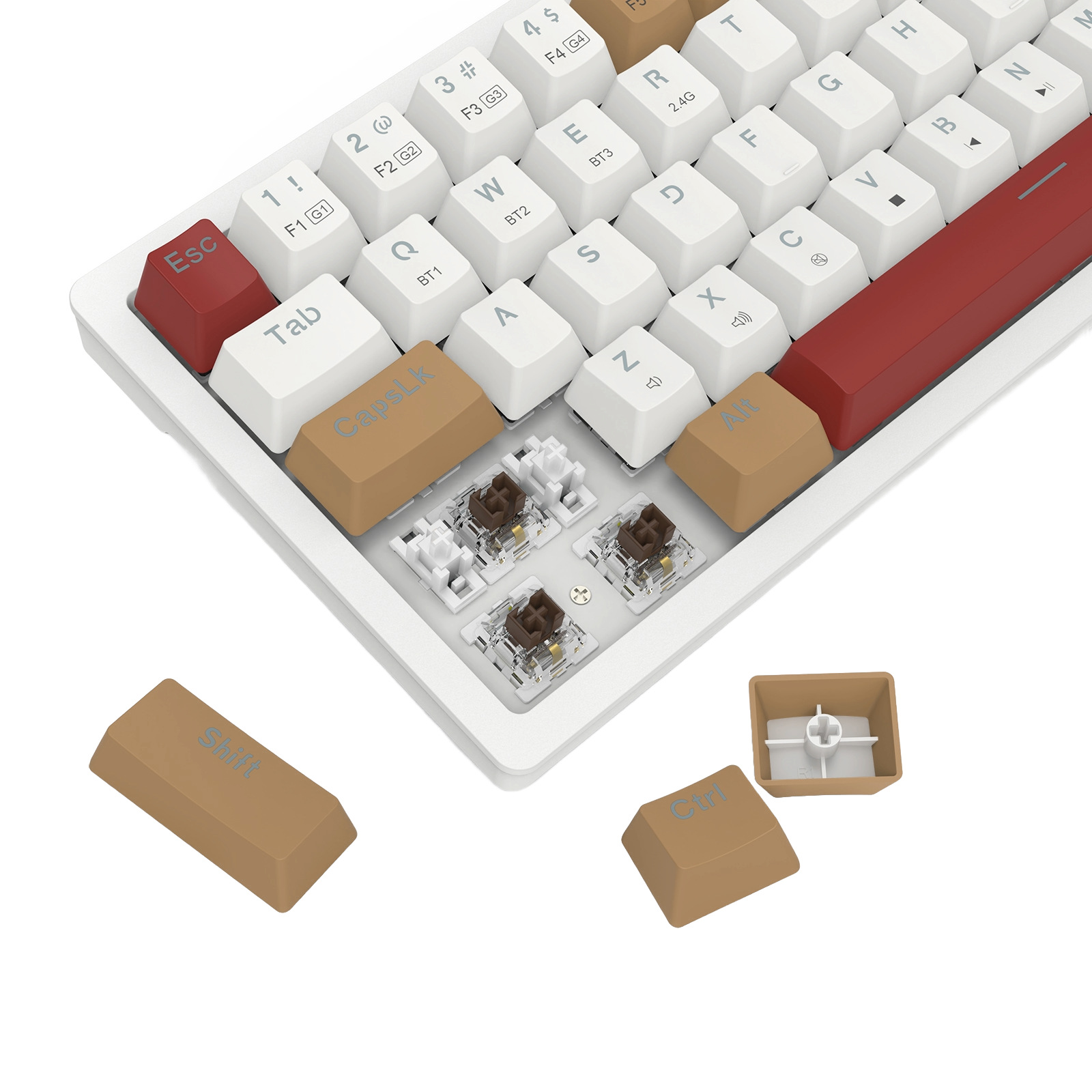 Klawiatura mechaniczna z białymi klawiszami i brązowymi i czerwonymi akcentami. Niektóre klawisze są usunięte, odsłaniając przełączniki.