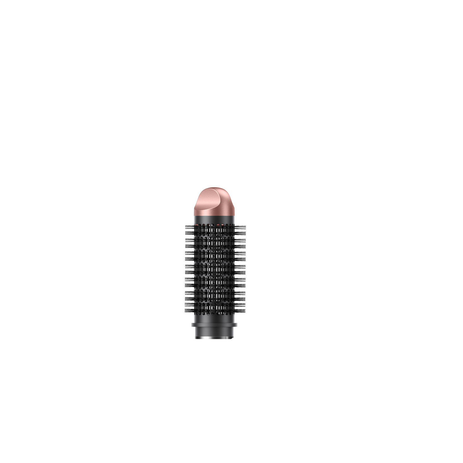 A rose gold and black hair styling brush. It has a rounded rose gold top, black bristles, and a black handle.