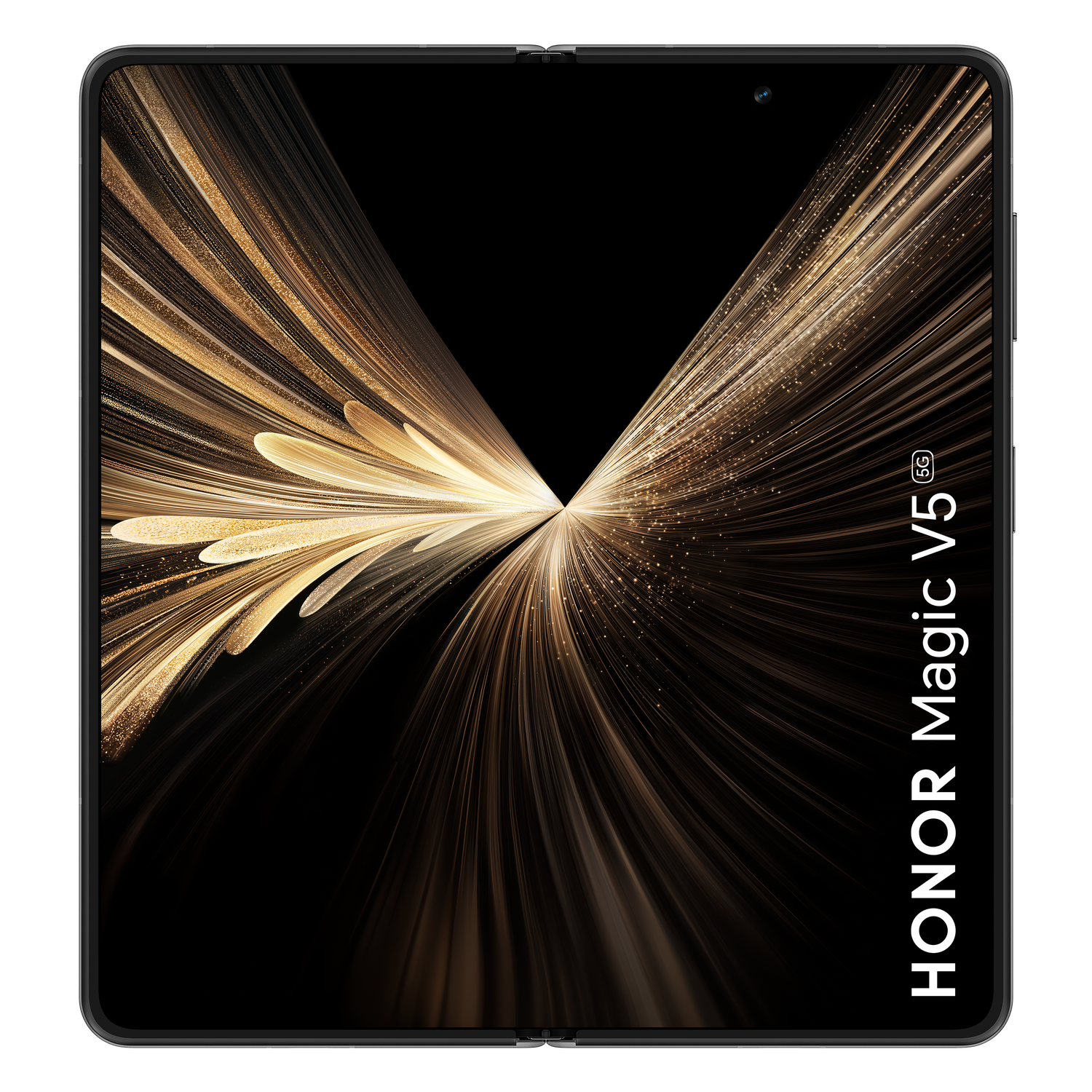 Een smartphone, HONOR Magic V5 5G, wordt weergegeven. Het scherm toont een gouden, abstract ontwerp op een zwarte achtergrond.