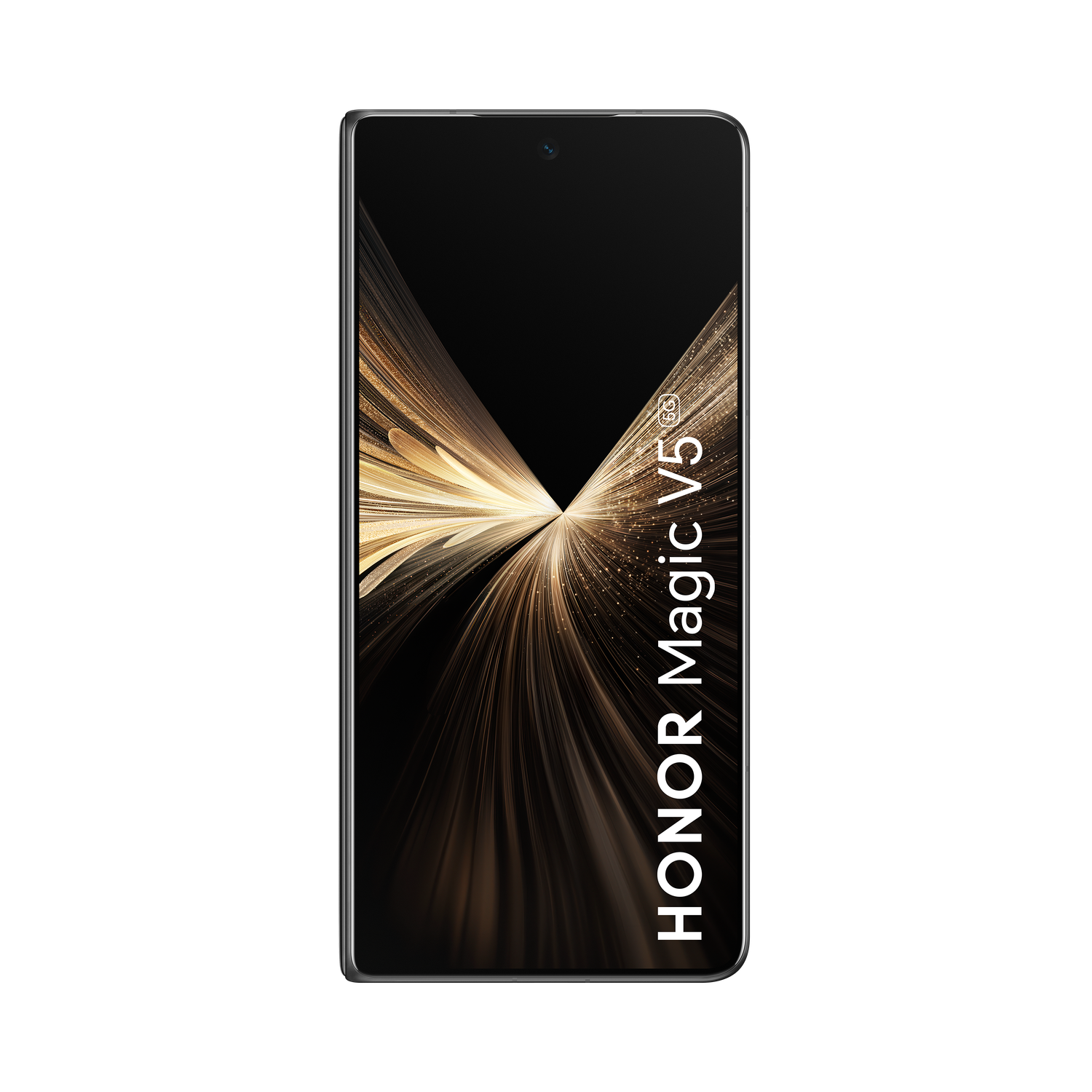 Een smartphone, HONOR Magic V5, wordt weergegeven op een zwarte achtergrond. Het scherm toont een gouden lichteffect.