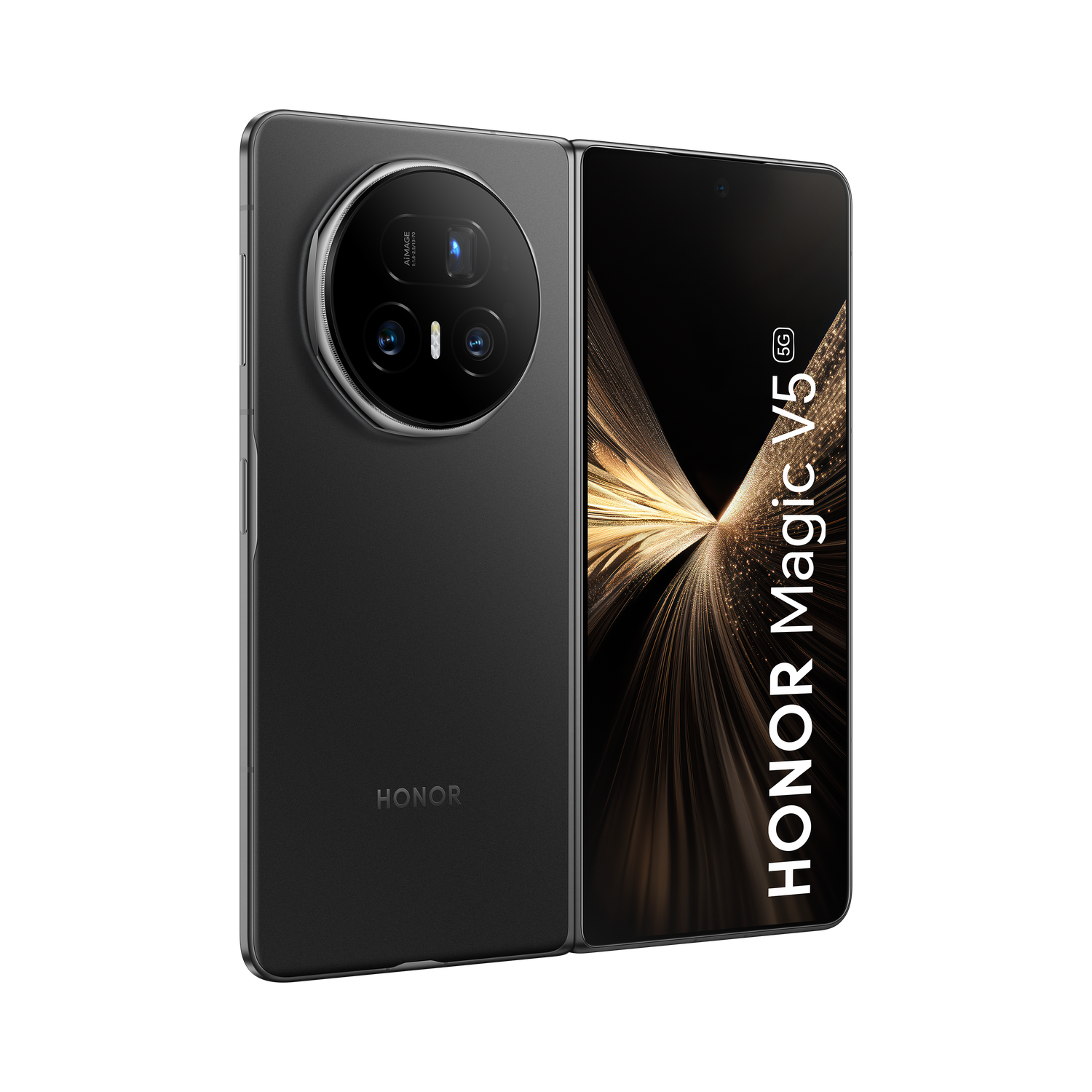 Een zwarte HONOR Magic V5 5G telefoon, opengeklapt. Toont het scherm en de camera. De achtergrond is zwart.