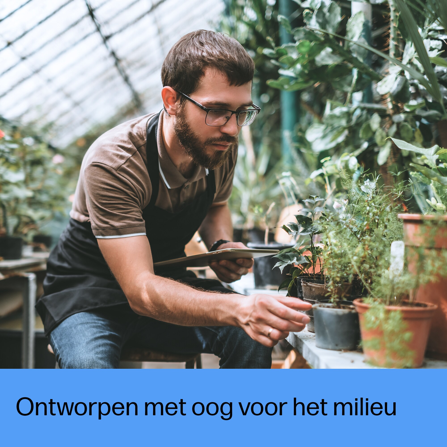 Een man met bril en schort inspecteert planten in een kas. Verschillende potplanten staan op een tafel. De achtergrond toont meer planten.