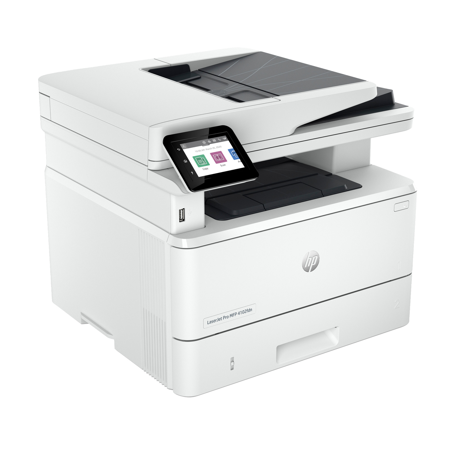 Een witte HP LaserJet Pro MFP 4102fdn printer wordt getoond. Het heeft een touchscreen en een papierlade. De printer staat op een witte achtergrond.
