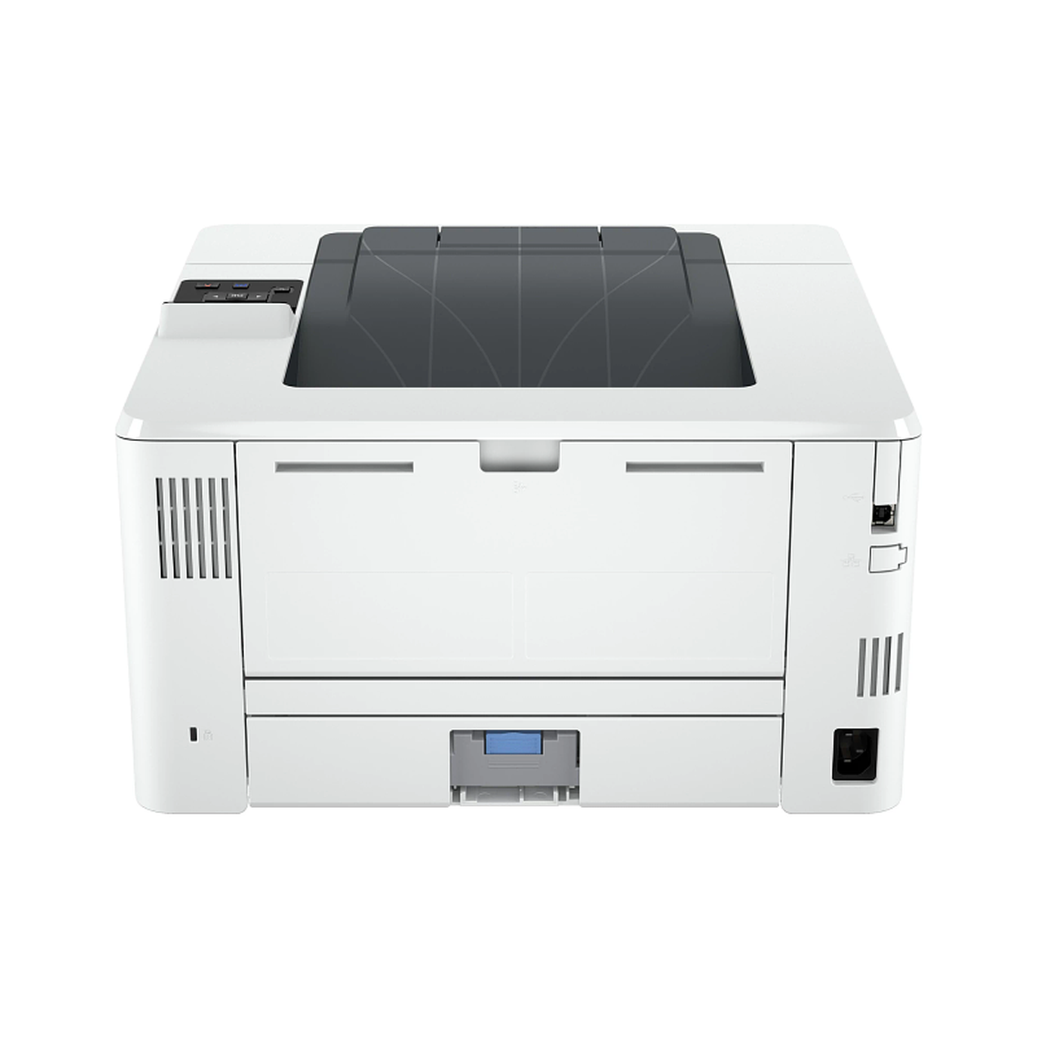 Een witte printer op een witte achtergrond. Het heeft een donkergrijze bovenkant, bedieningsknoppen en diverse poorten en sleuven.