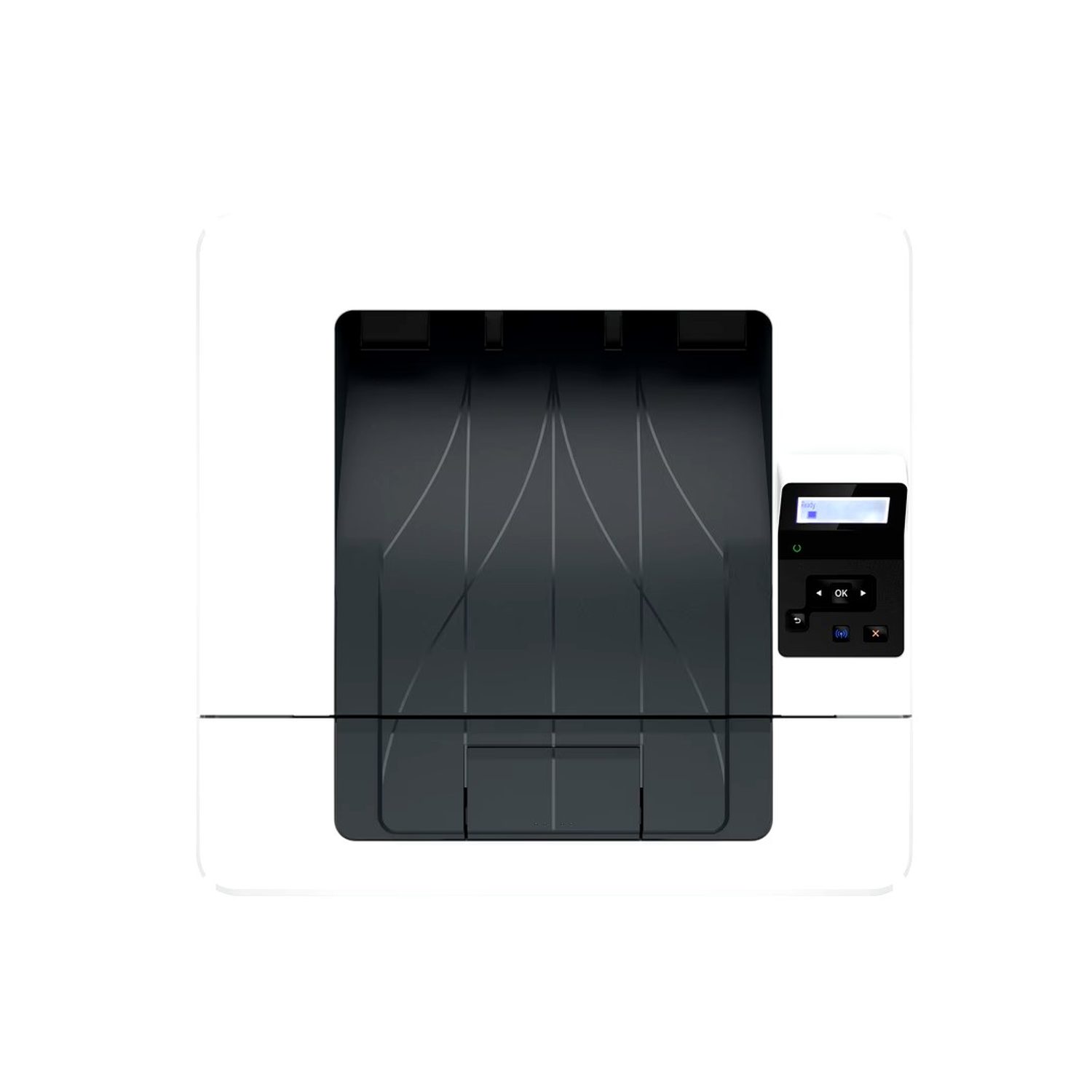 Een witte printer met een zwart interieur en een bedieningspaneel rechts. Het paneel toont 'OK' en andere functieknoppen.
