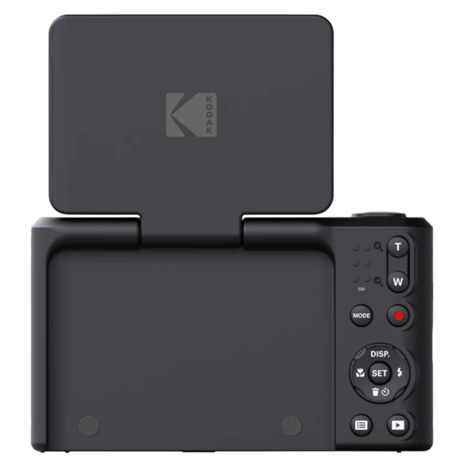 Black Kodak digital camera, top view. Display and controls are visible. Kodak logo on the top. Buttons include mode, display, set and zoom.