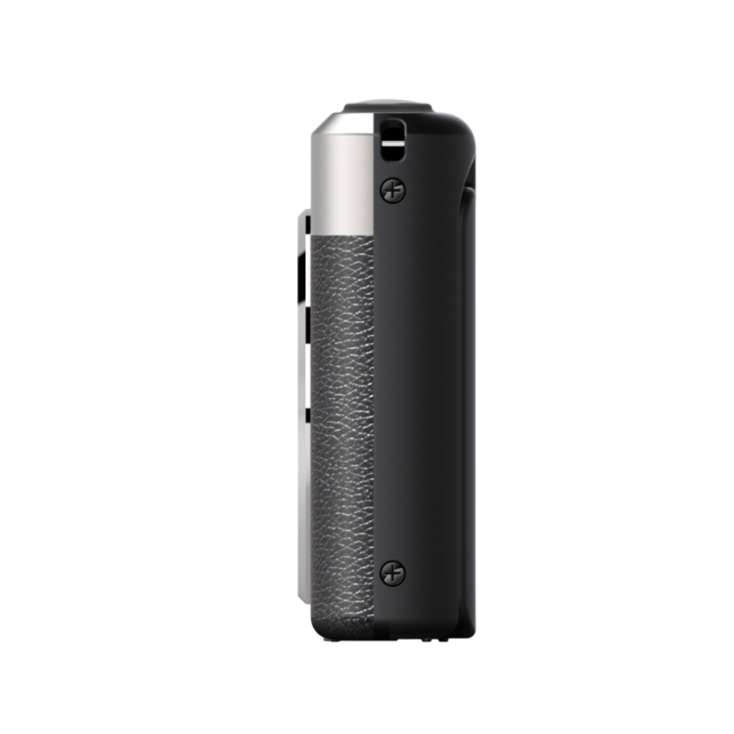 Side view of a black and silver camera. It has a textured grip, silver top, and two screws. The background is white.