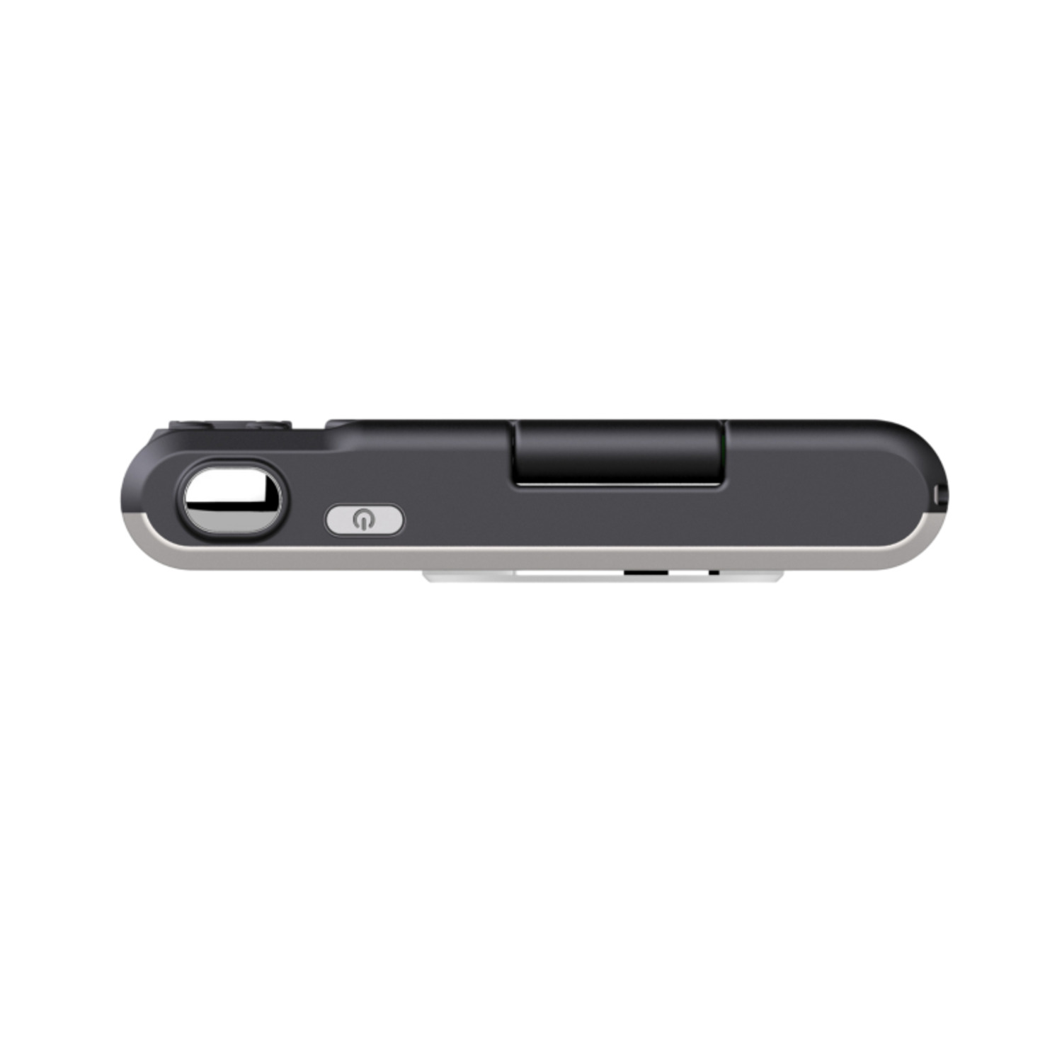 A small, rectangular, dark gray device with a silver border, power button, and a circular port. The background is white.