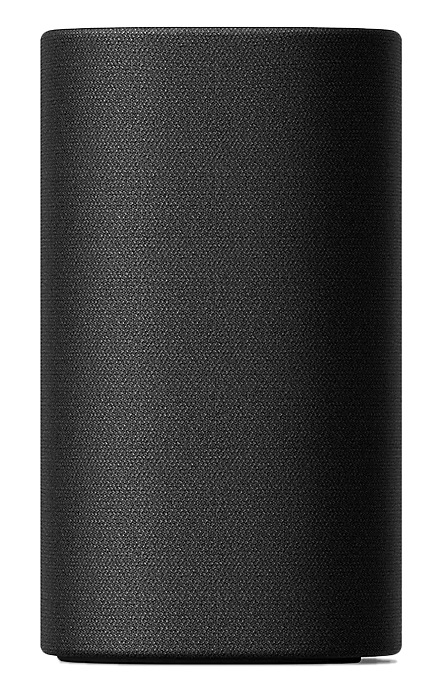 Cylindryczny czarny głośnik z teksturowaną powierzchnią. Głośnik stoi na białym tle.