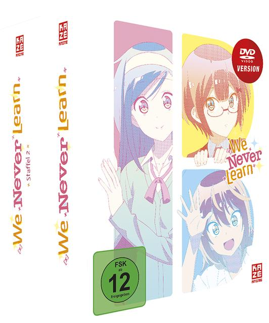 Anime-DVD-Cover mit drei weiblichen Charakteren, Text "We Never Learn" und einer Altersfreigabe von "12".