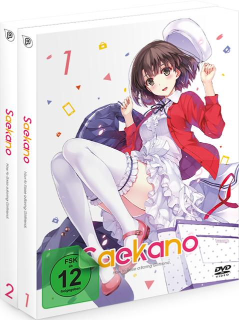 Anime-DVD-Cover. Ein Mädchen in roter Jacke und weißem Kleid ist auf dem Cover. Der Titel lautet 'Saekano' mit einer '12'-Bewertung.