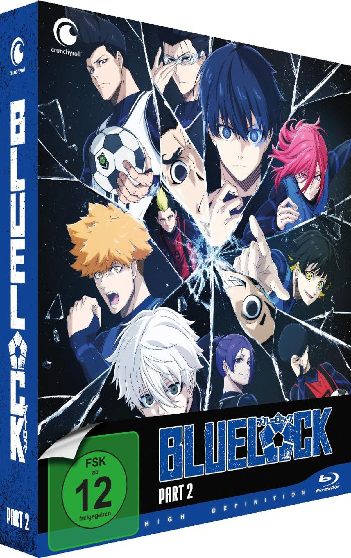 Cover einer Blu-ray-Disc für Blue Lock Teil 2. Zeigt mehrere Anime-Charaktere mit einem zerbrochenen Glaseffekt. Der Titel wird angezeigt.