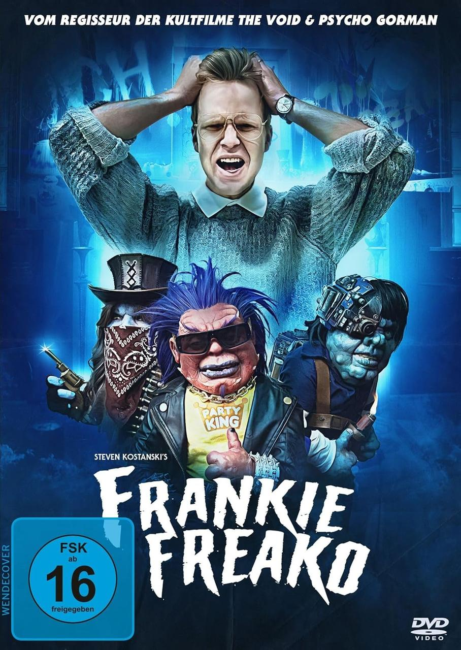 Filmposter: Ein Mann mit Brille und drei Puppen mit dem Titel "Frankie Freako". Eine Altersfreigabe von 16 ist sichtbar.