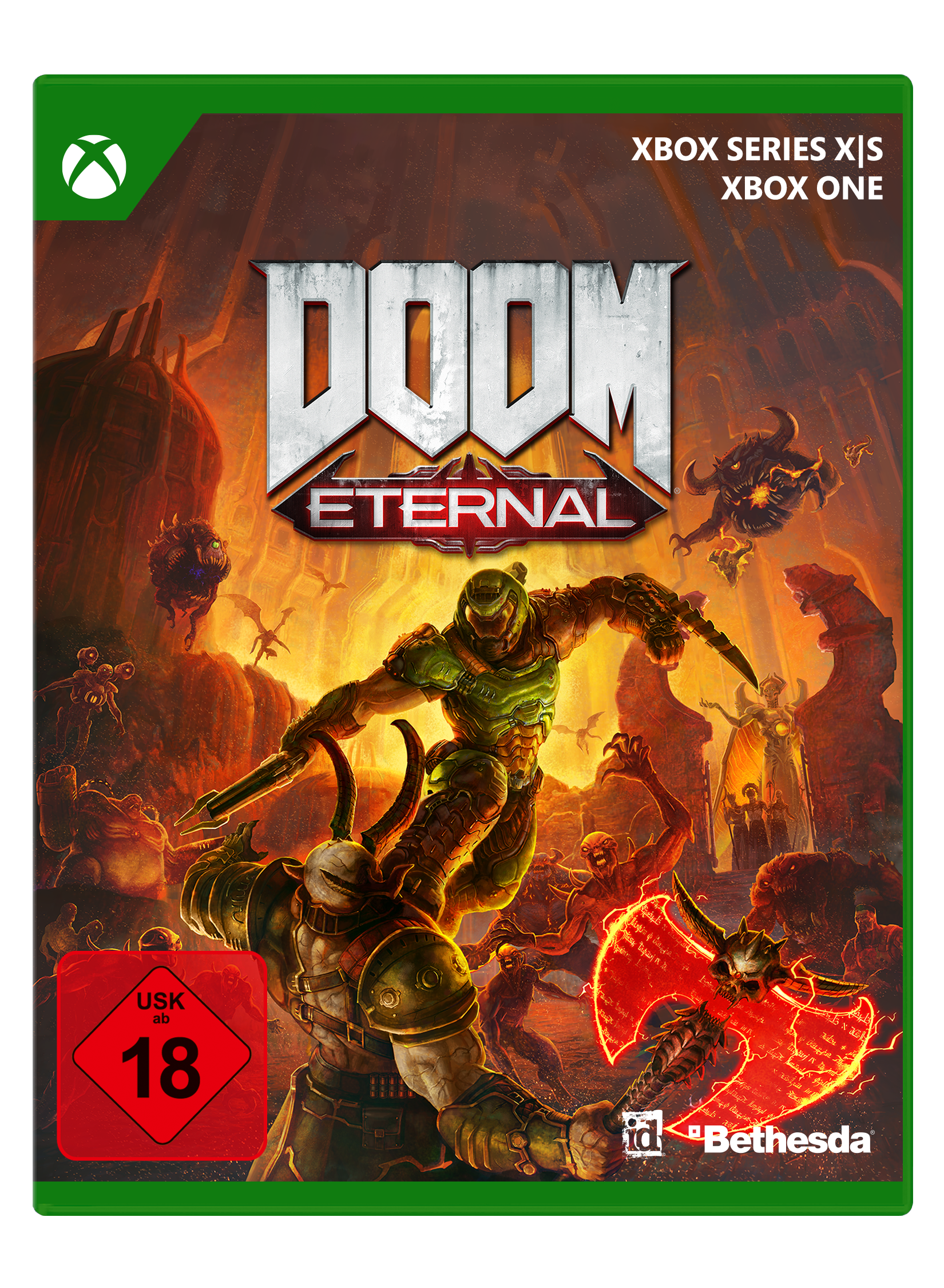DOOM Eternal-Spielcover. Ein Krieger kämpft gegen Dämonen mit einer Klinge. Rote und orange Töne dominieren die Szene, mit dem Xbox-Logo.