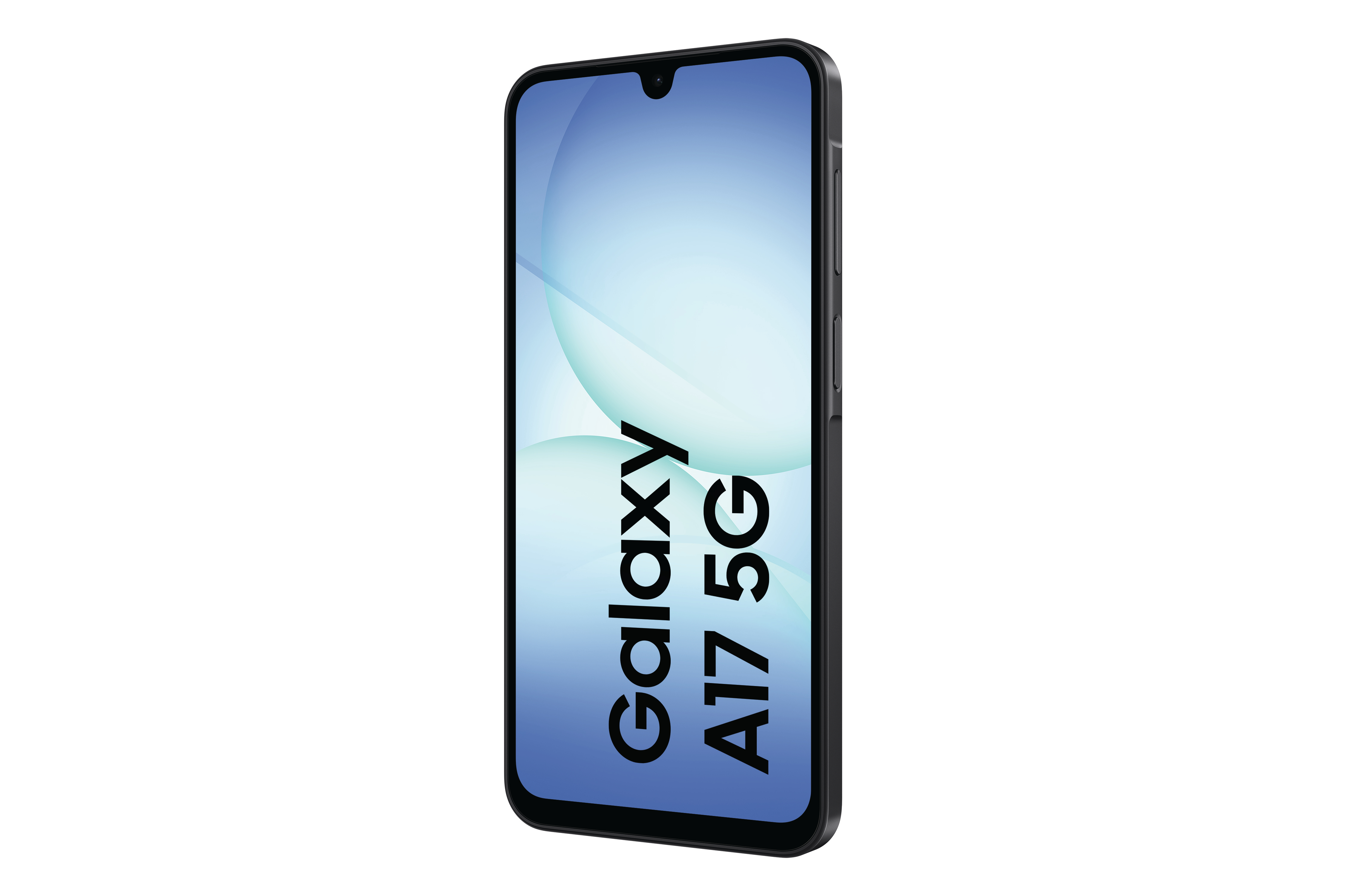 Ein schwarzes Samsung Galaxy A17 5G Smartphone wird von vorne gezeigt. Der Bildschirm zeigt ein blaues und weißes Design.