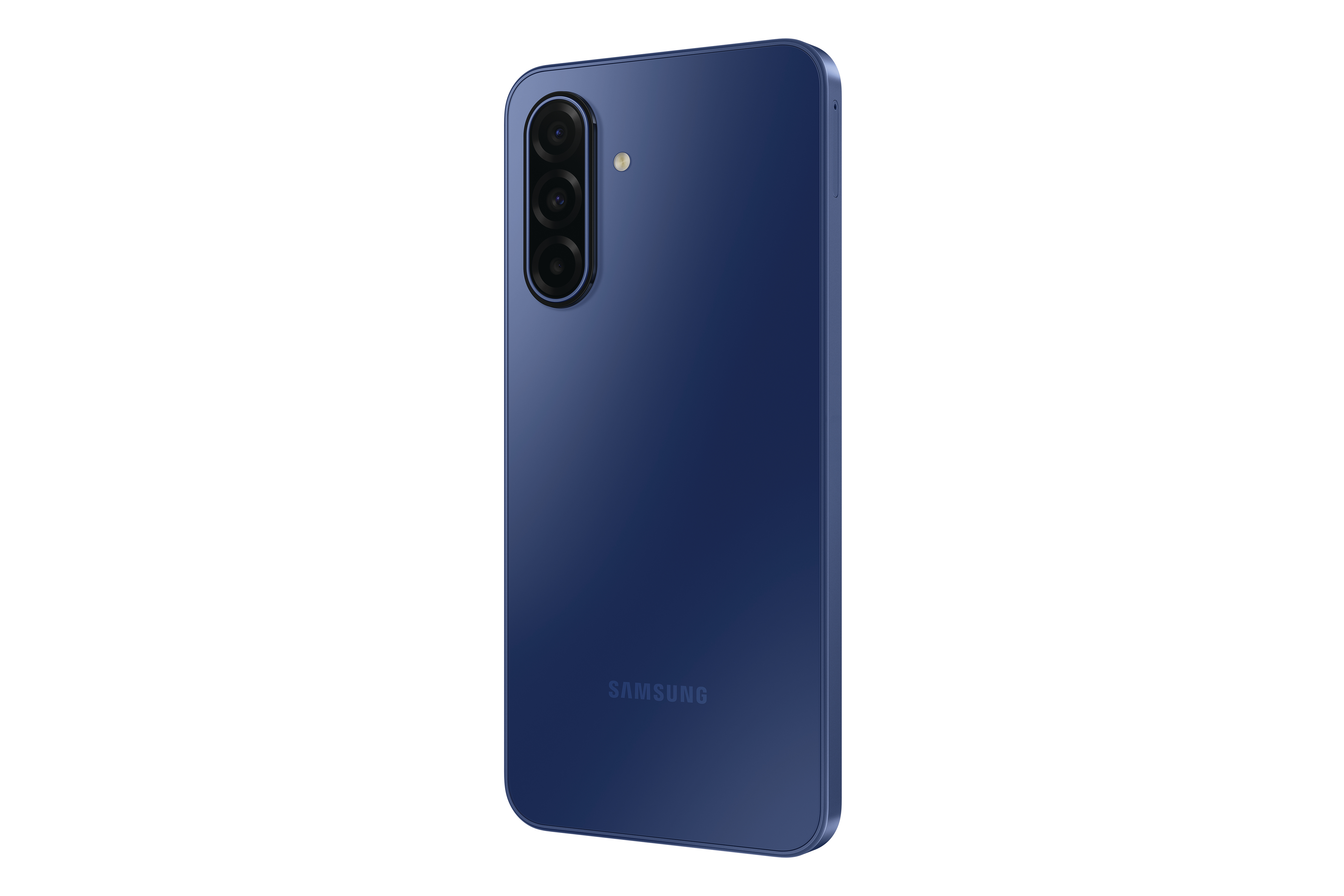 Ein blaues Samsung-Telefon wird in einem Winkel gezeigt, mit einer Kameragruppe und dem Samsung-Logo. Weißer Hintergrund.