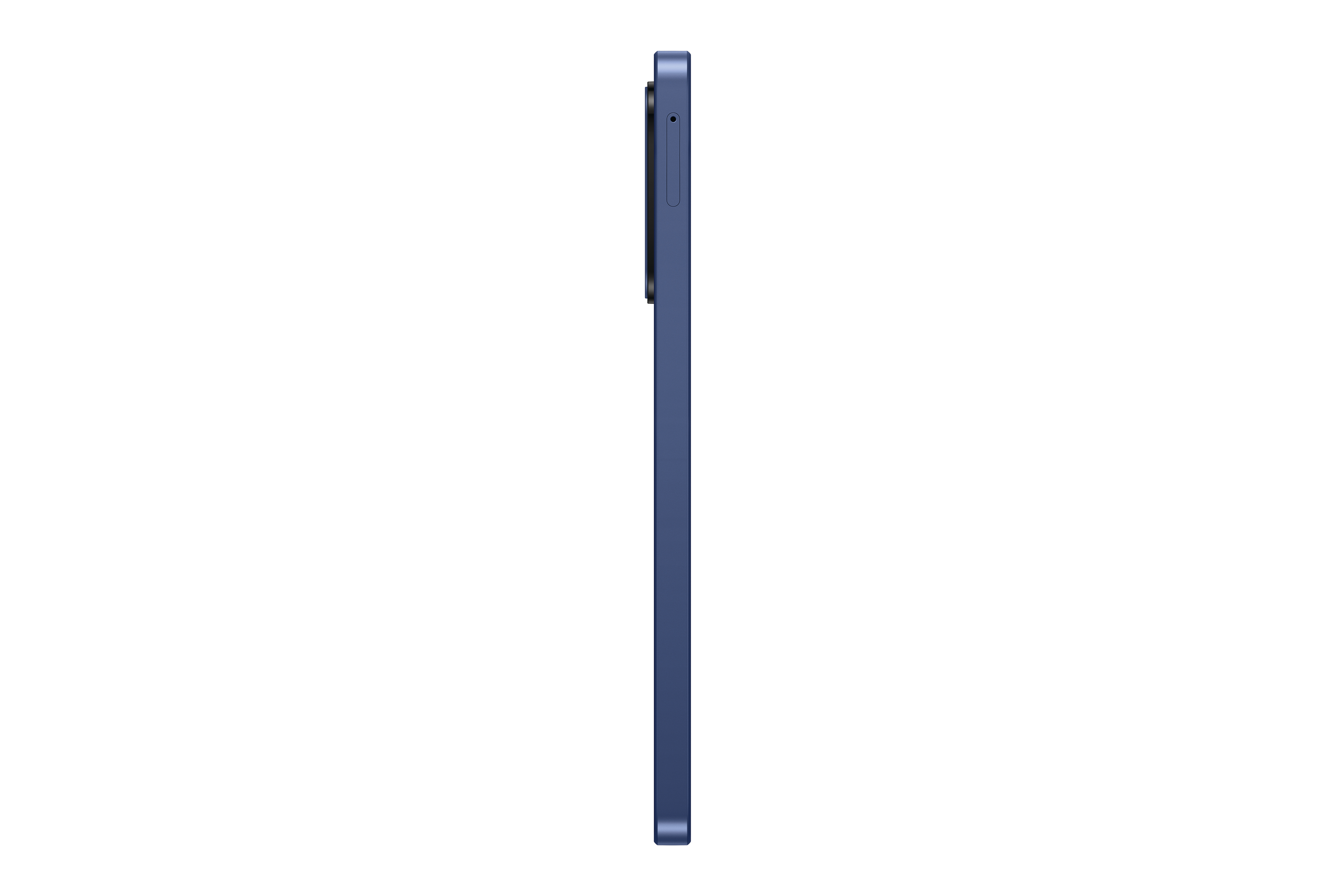Ein blaues Smartphone wird im Profil vor weißem Hintergrund gezeigt. Die Seite hat Knöpfe und eine Kameraausbuchtung.