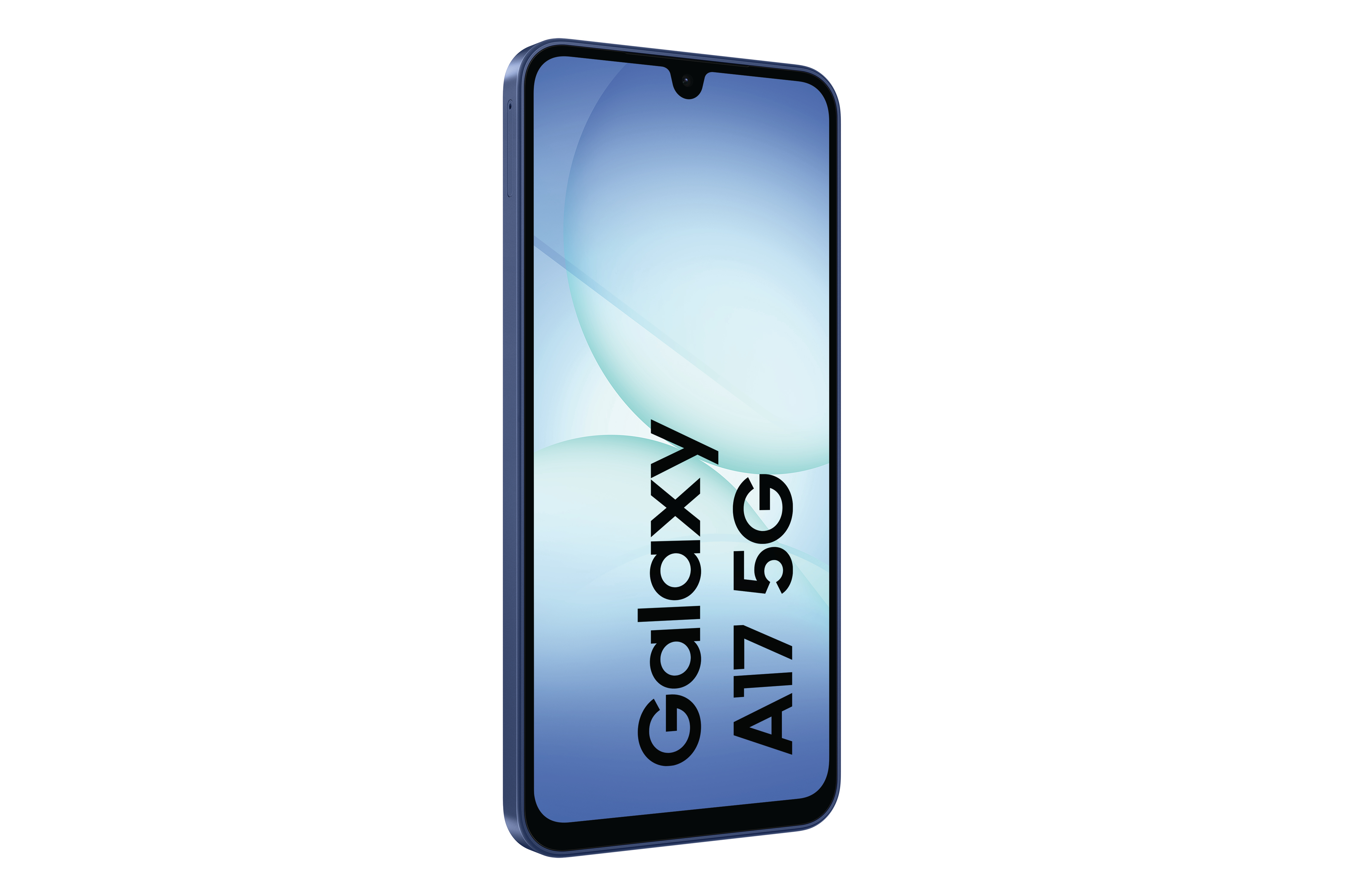 Ein blaues Samsung Galaxy A17 5G Smartphone wird auf weißem Hintergrund angezeigt. Der Bildschirm zeigt einen blau-grünen Farbverlauf.