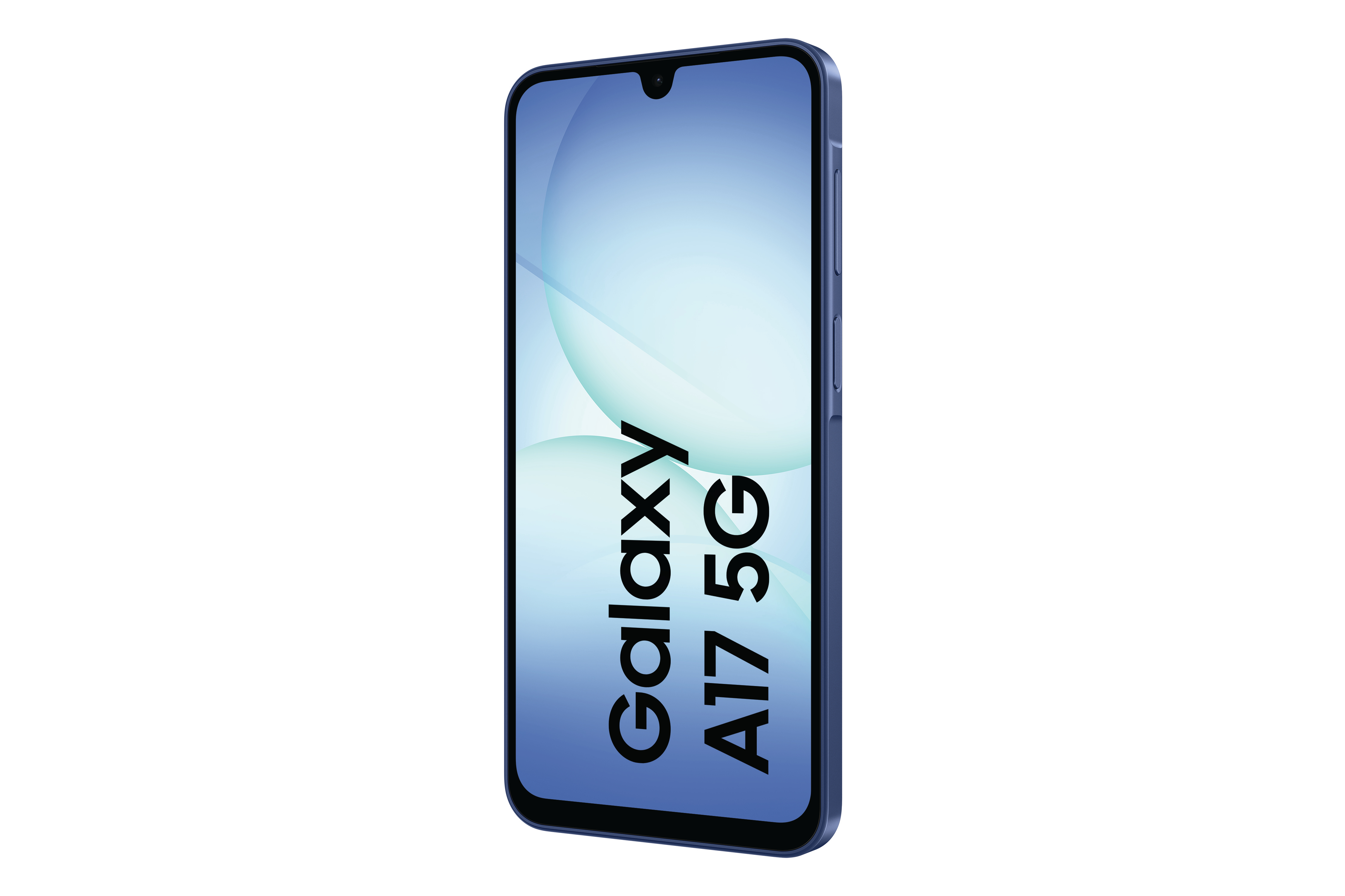 Ein blaues Samsung Galaxy A17 5G Smartphone wird vor weißem Hintergrund gezeigt. Der Bildschirm zeigt einen hellblauen Farbverlauf mit weißen Bögen.