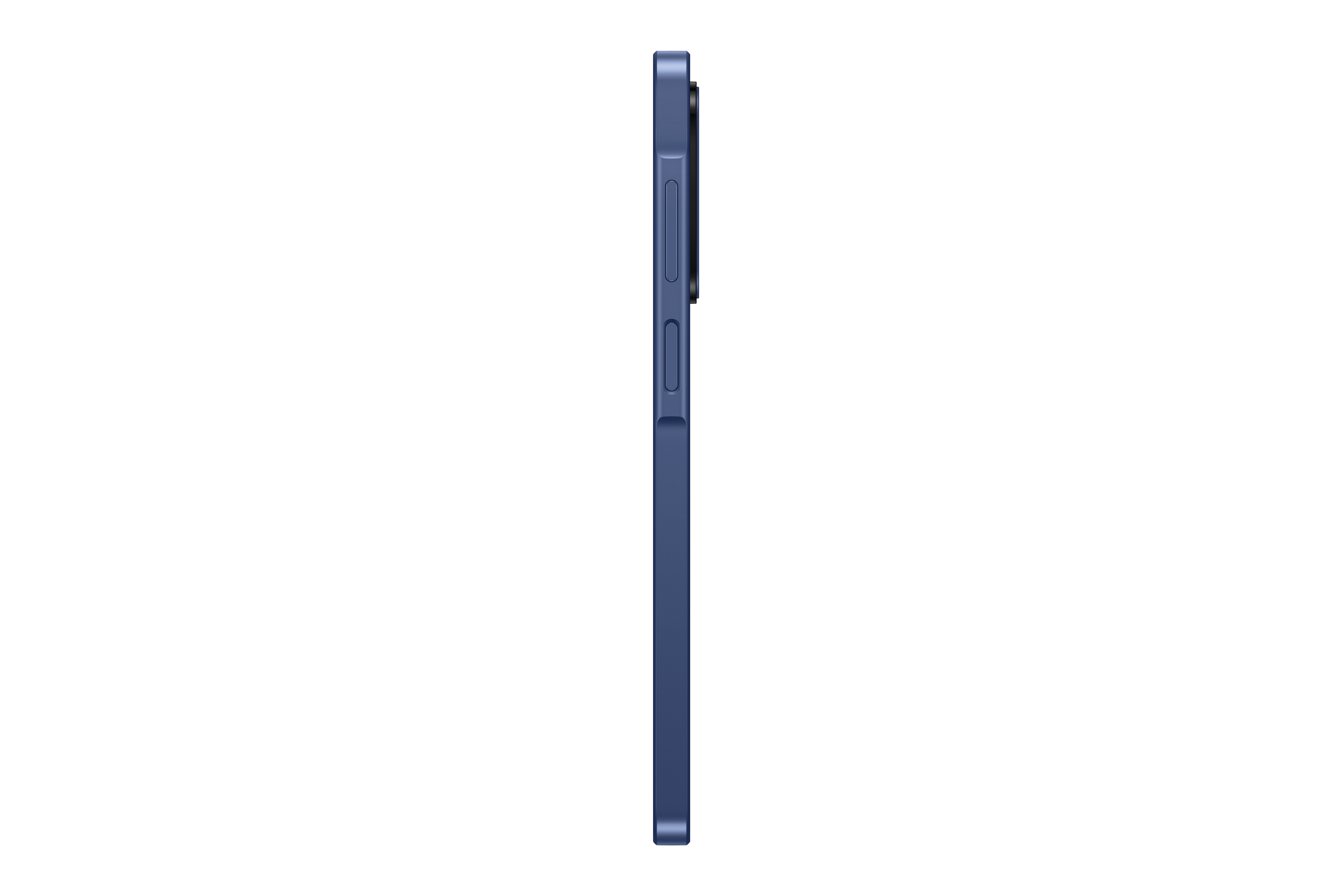 Ein blaues Smartphone ist von der Seite zu sehen, mit sichtbaren Tasten. Der Hintergrund ist weiß.