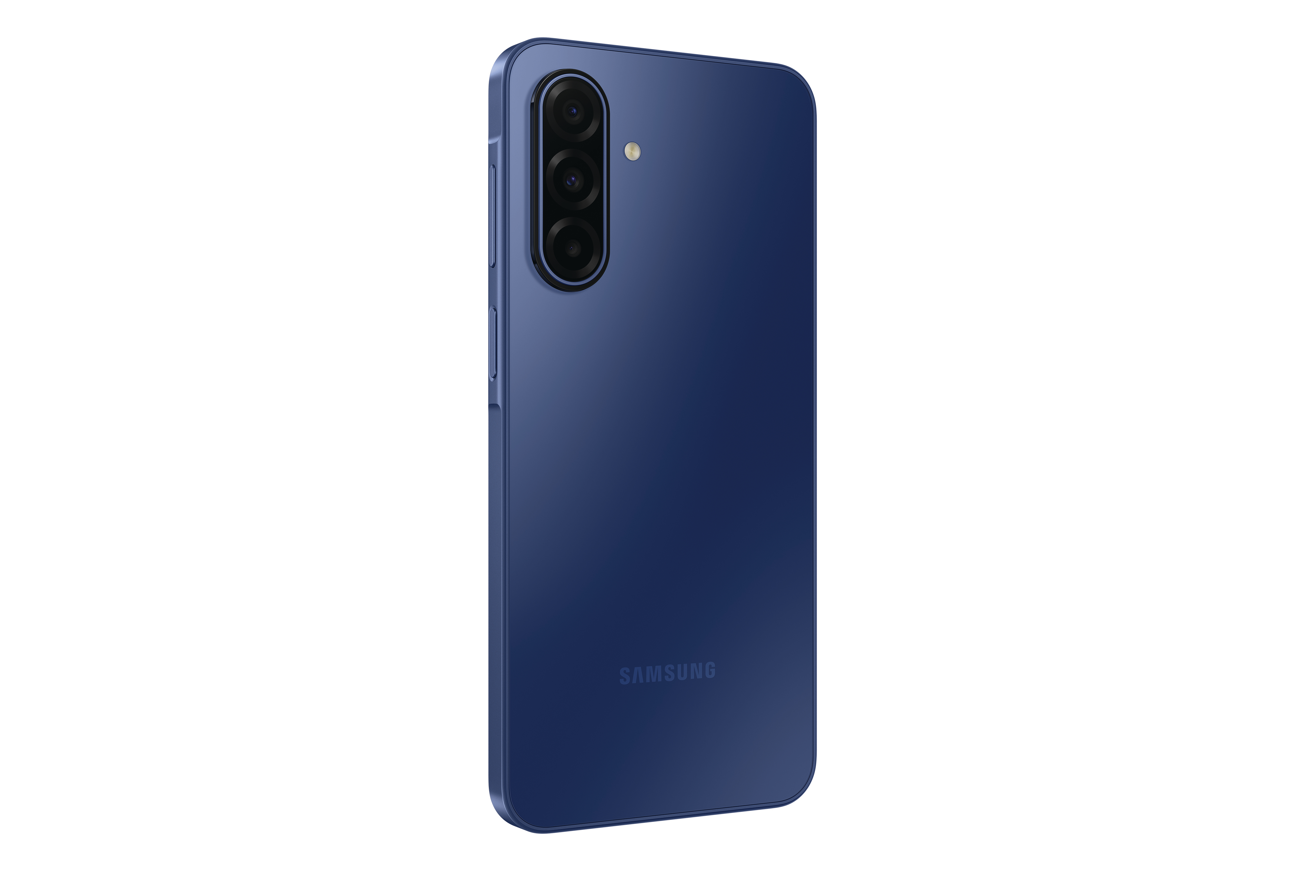Ein blaues Smartphone mit Kamera auf der Rückseite. Das Samsung-Logo ist sichtbar. Der Hintergrund ist weiß.