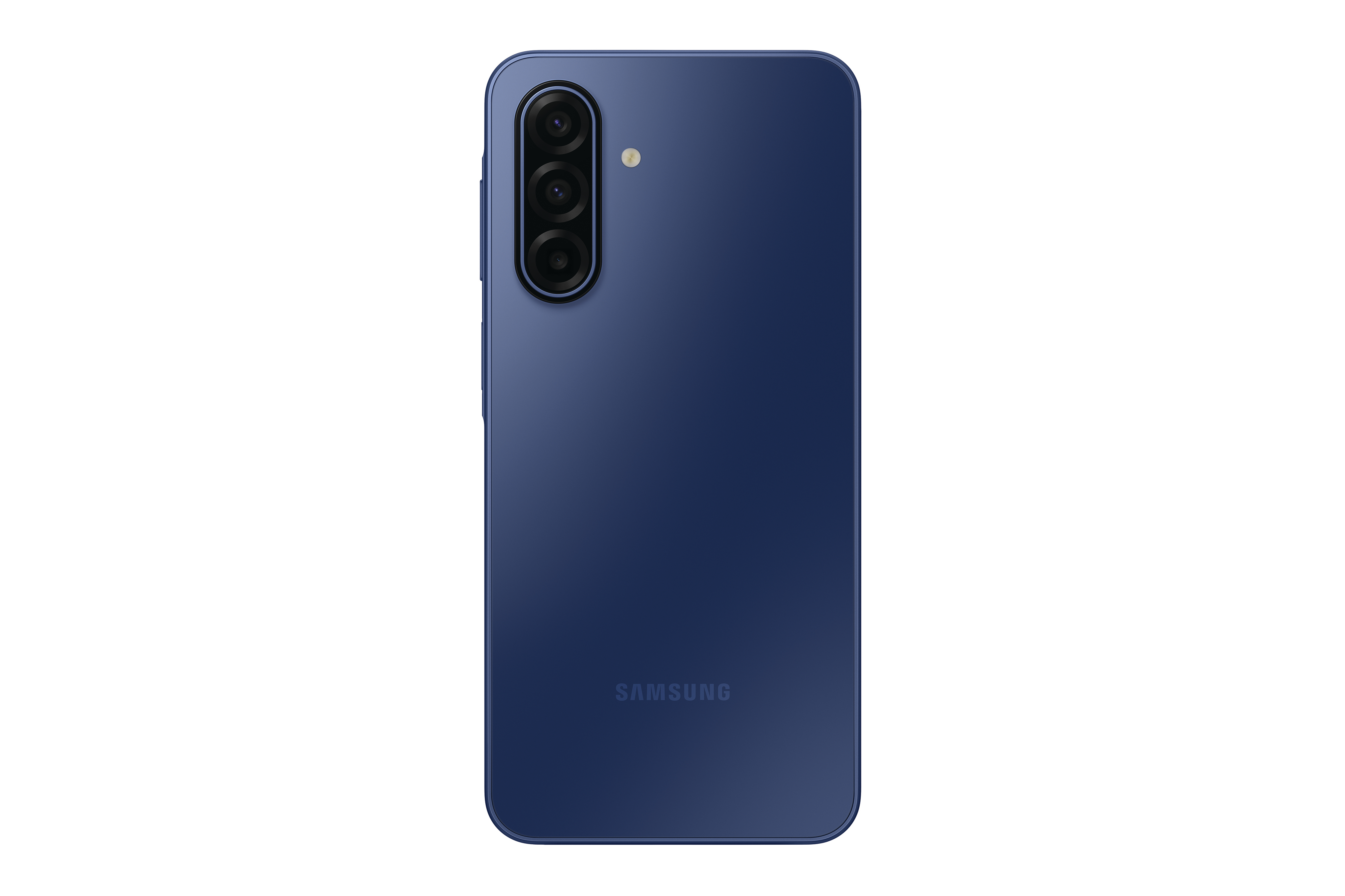 Rückseite eines marineblauen Samsung-Telefons mit Dreifachkamera und Blitz. Weißer Hintergrund. Samsung-Logo.