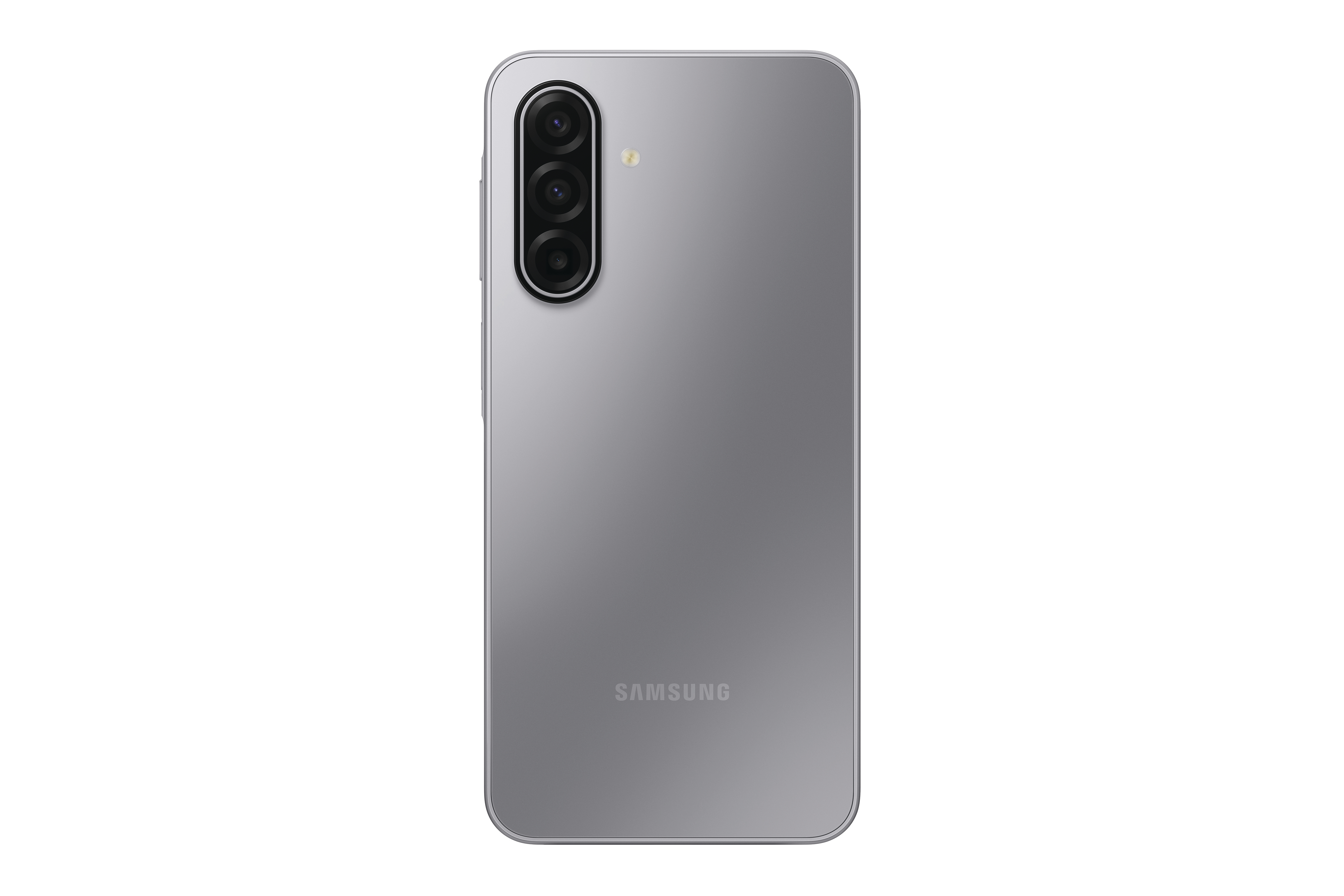 Rückansicht eines silbernen Samsung-Smartphones. Es hat drei Kameras und einen Blitz. Das Samsung-Logo ist sichtbar.