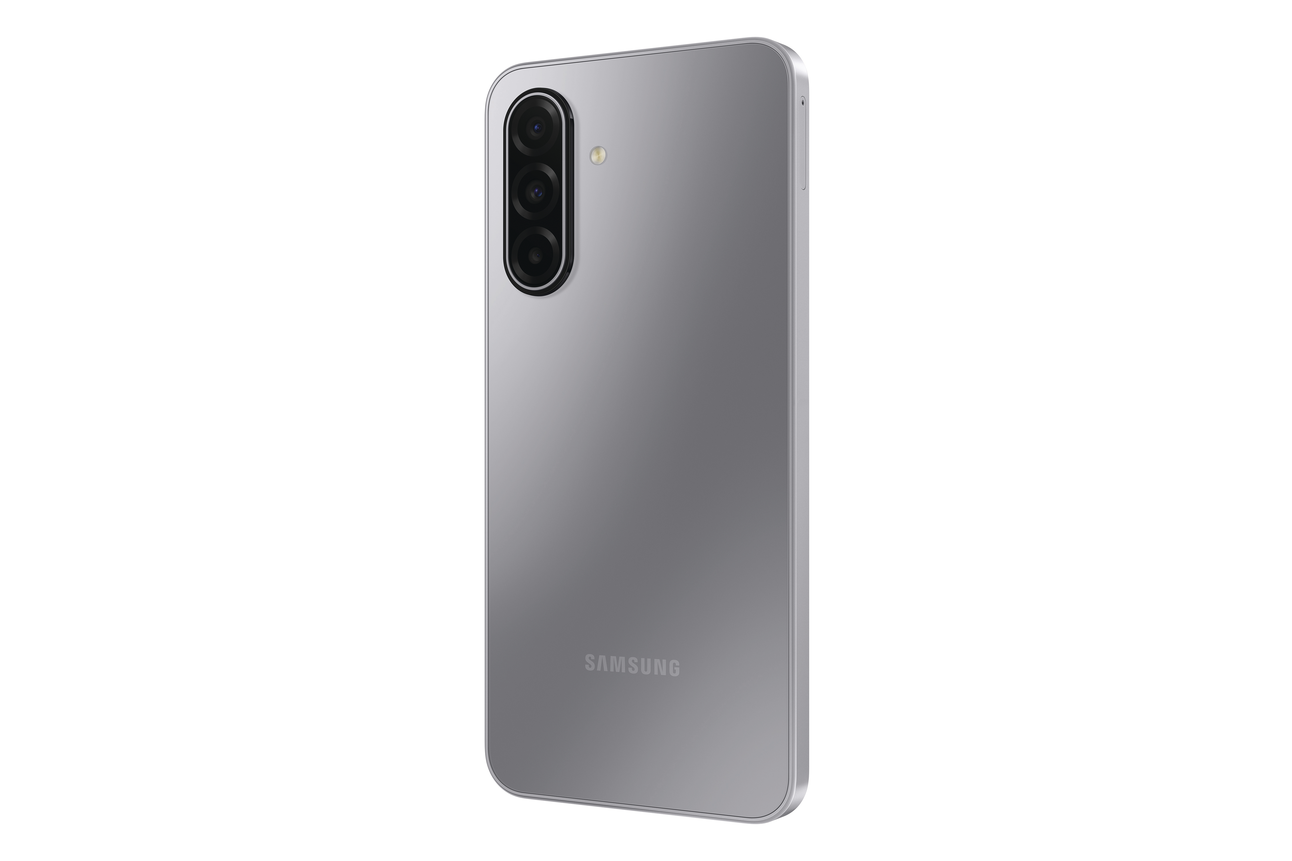 Ein silbernes Samsung-Smartphone wird von hinten gezeigt. Es hat drei Kameralinsen und das Samsung-Logo.