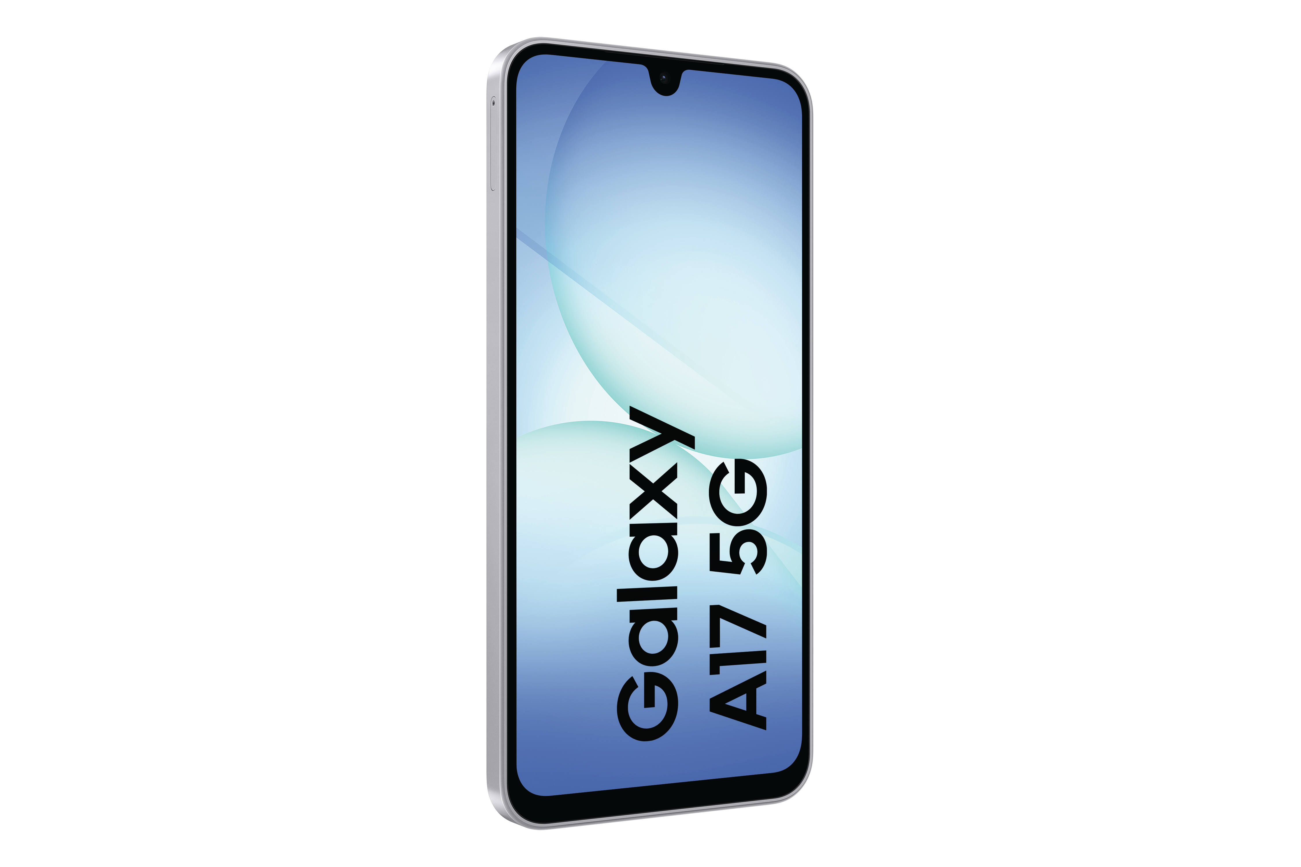 Ein Samsung Galaxy A17 5G Smartphone wird vor weißem Hintergrund gezeigt. Der Bildschirm zeigt einen blau-weißen Farbverlauf.