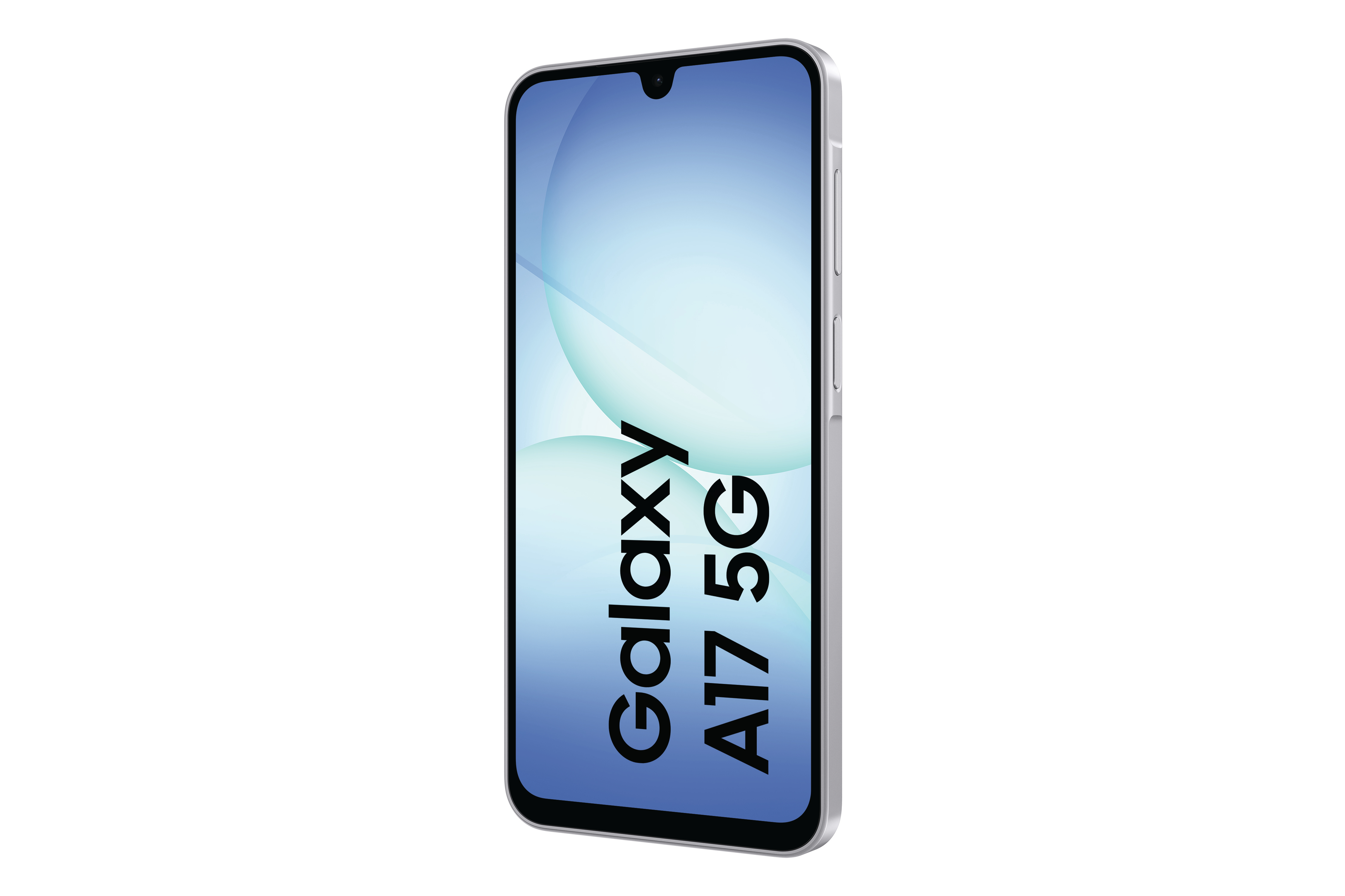 Ein silbernes Samsung Galaxy A17 5G Smartphone. Der Bildschirm zeigt ein blaues und weißes abstraktes Design. Das Telefon ist vor weißem Hintergrund.