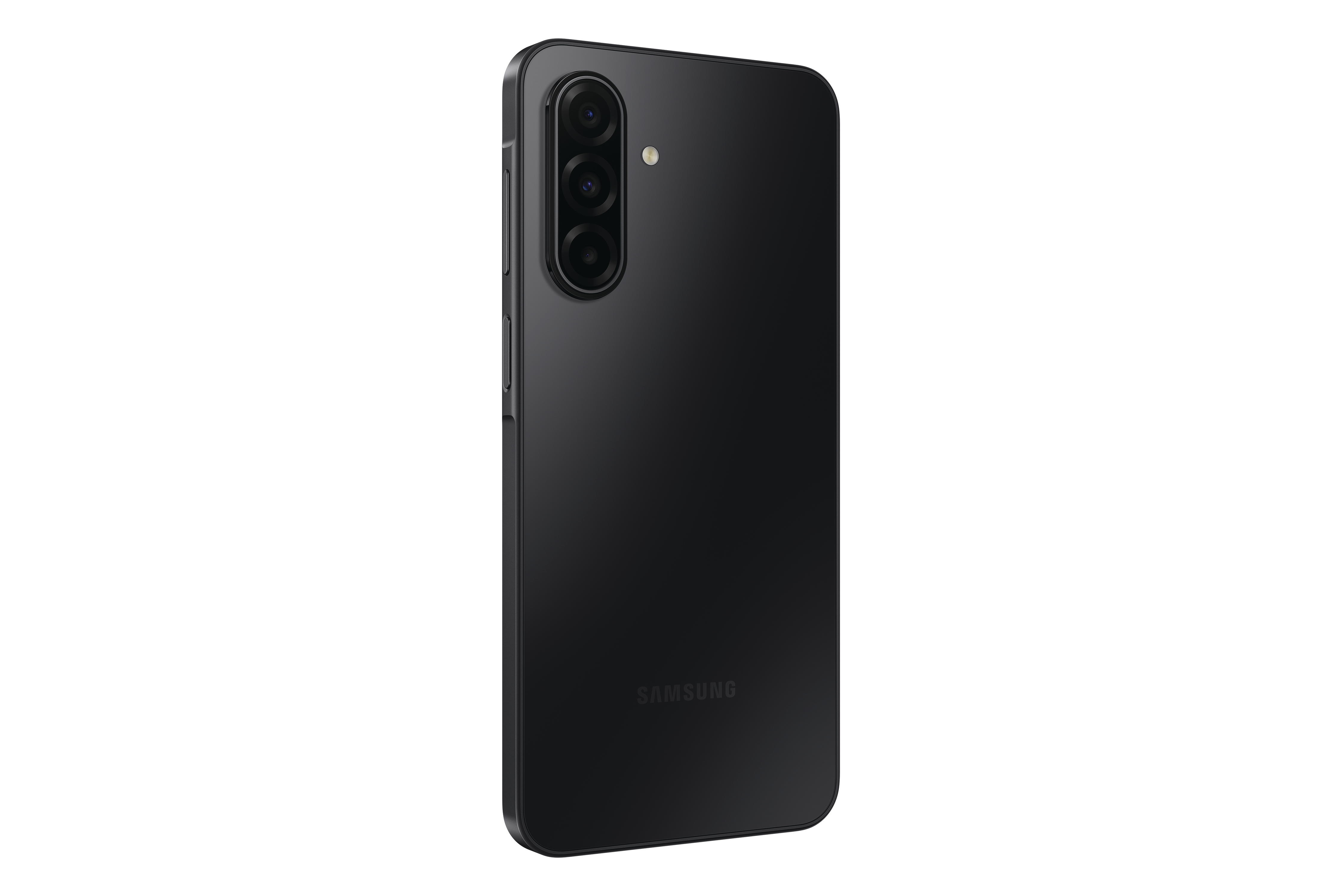 Ein schwarzes Samsung-Smartphone, das die Dreifachkamera und das Samsung-Logo zeigt.