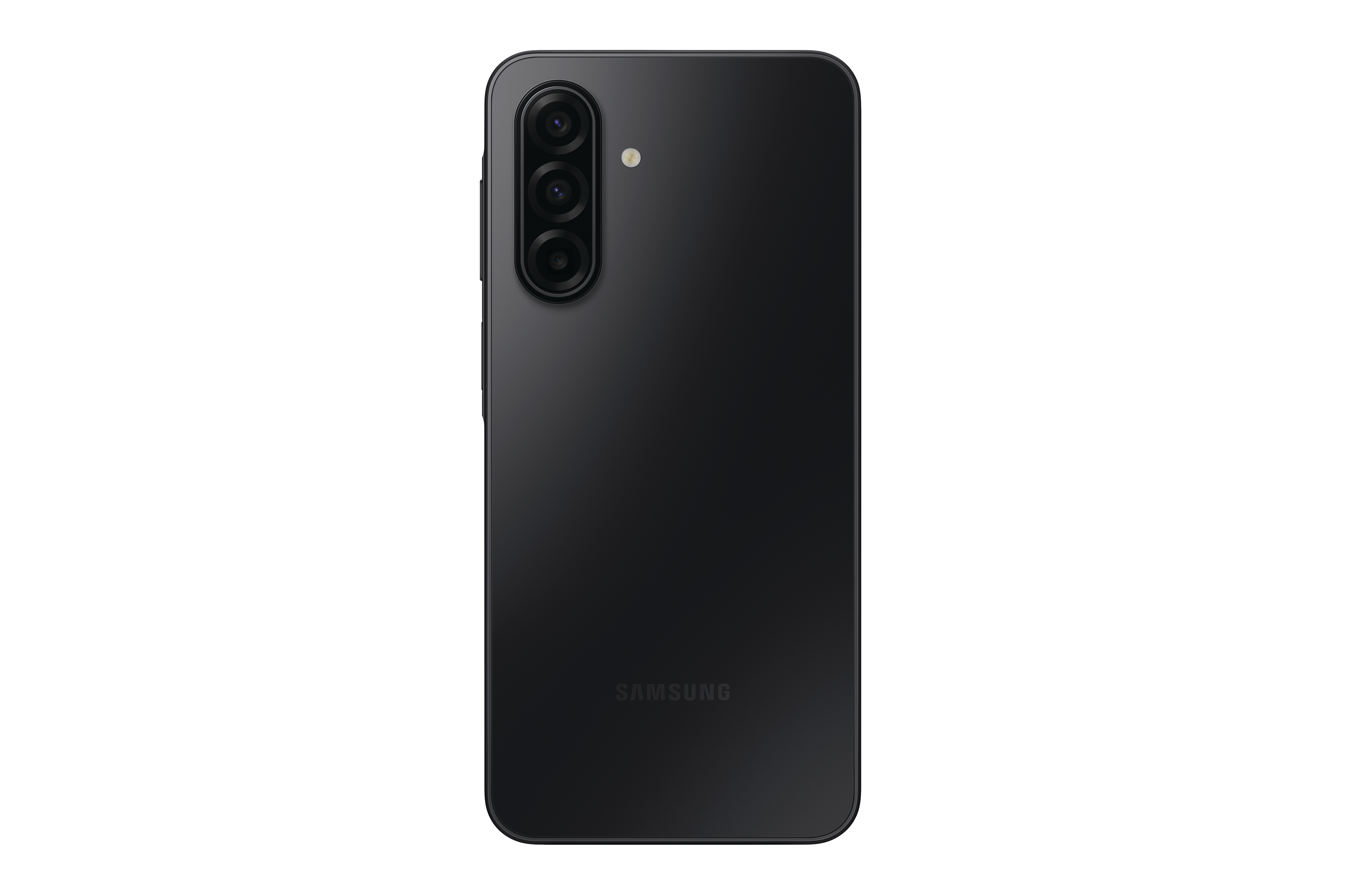 Schwarze Smartphone-Rückseite. Drei Kameras und ein Blitz oben. Samsung-Logo unten.