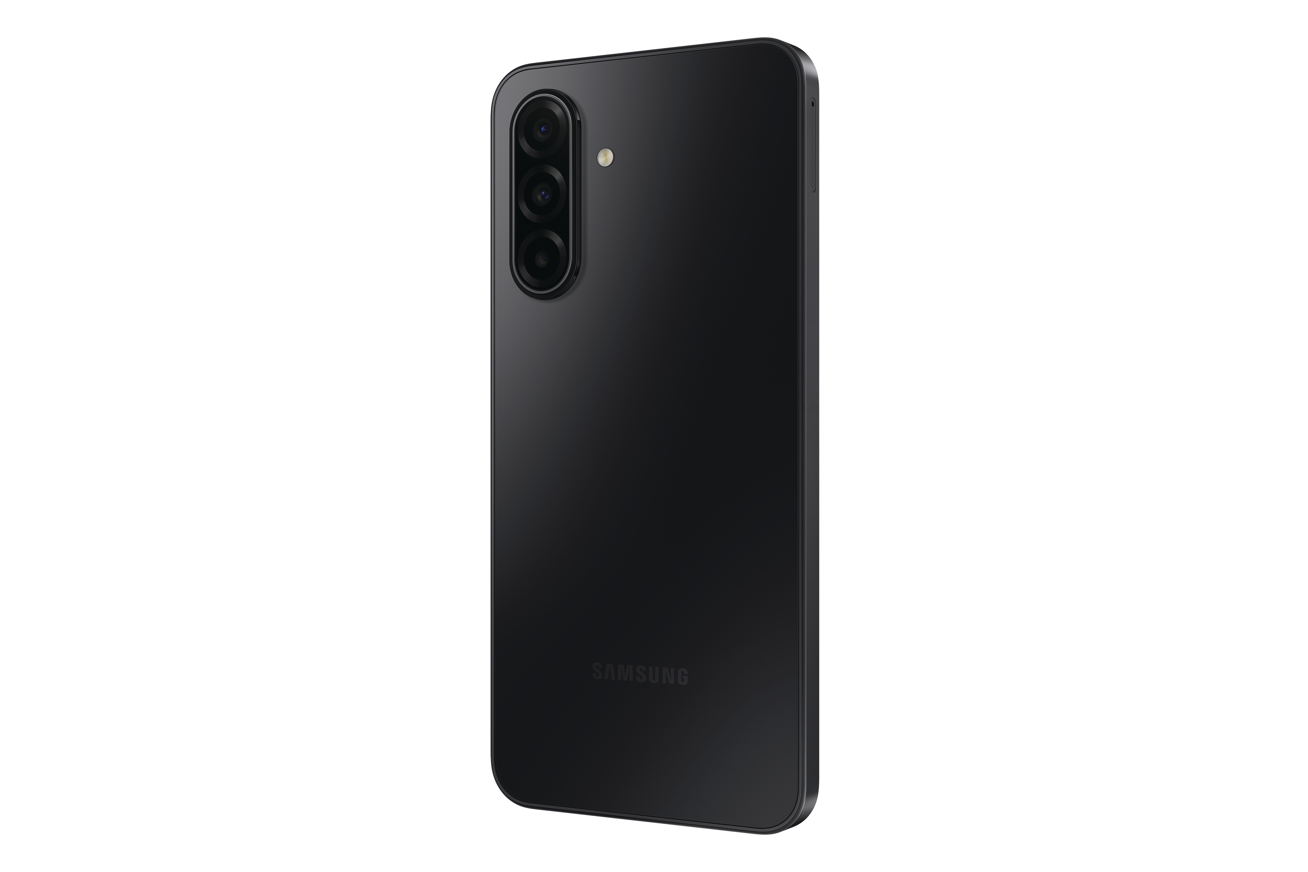 Ein schwarzes Smartphone wird von hinten gezeigt. Es hat eine Kamera und das Samsung-Logo.