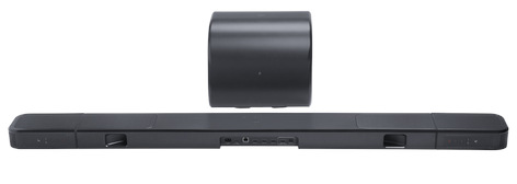 Czarny soundbar z subwooferem. Soundbar jest prostokątny, a subwoofer cylindryczny. Oba na białym tle.